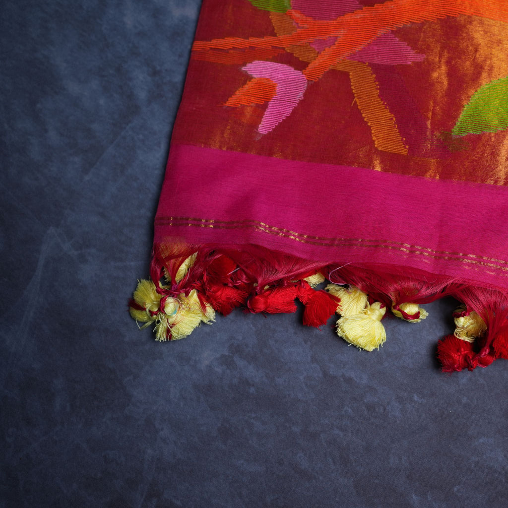 Muslin Jamdani Handwoven Suit Set with Multicolour Artistic Motifs & Tassel Dupatta (Pink Base)