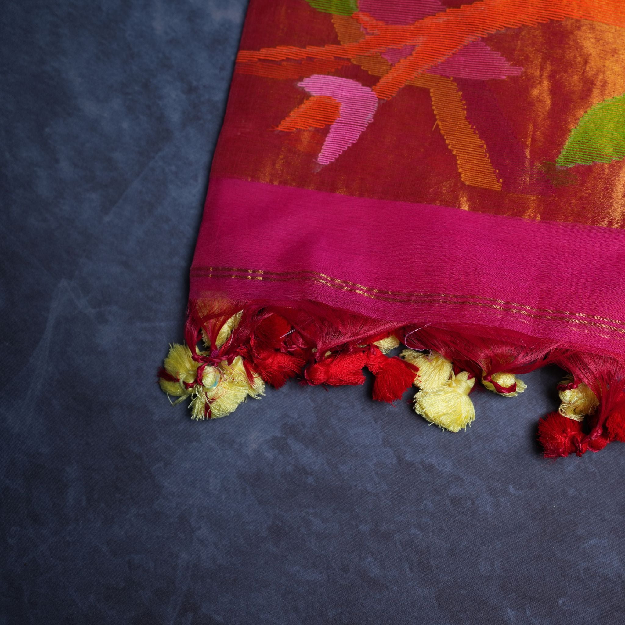 Muslin Jamdani Handwoven Suit Set with Multicolour Artistic Motifs & Tassel Dupatta (Pink Base)