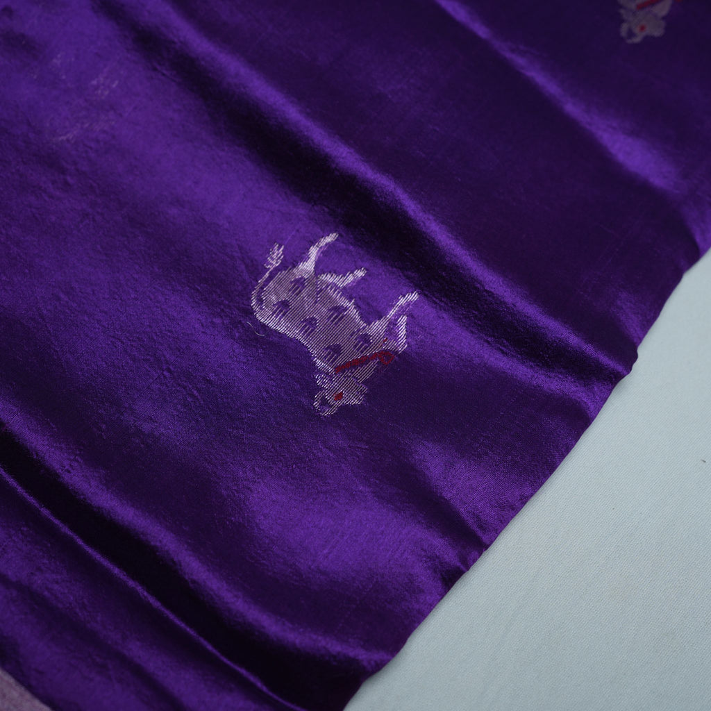 Royal Purple Pure Soft Silk Chanderi Handloom Saree with Traditional Animal Booti & Silver Border