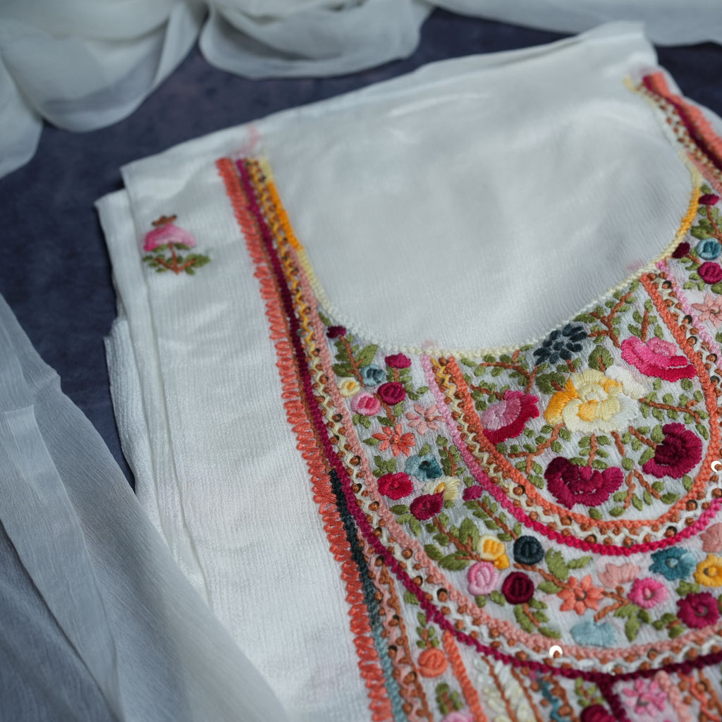 White Chinon 3-Piece Suit Set with Heavy Multicolor Thread Embroidery