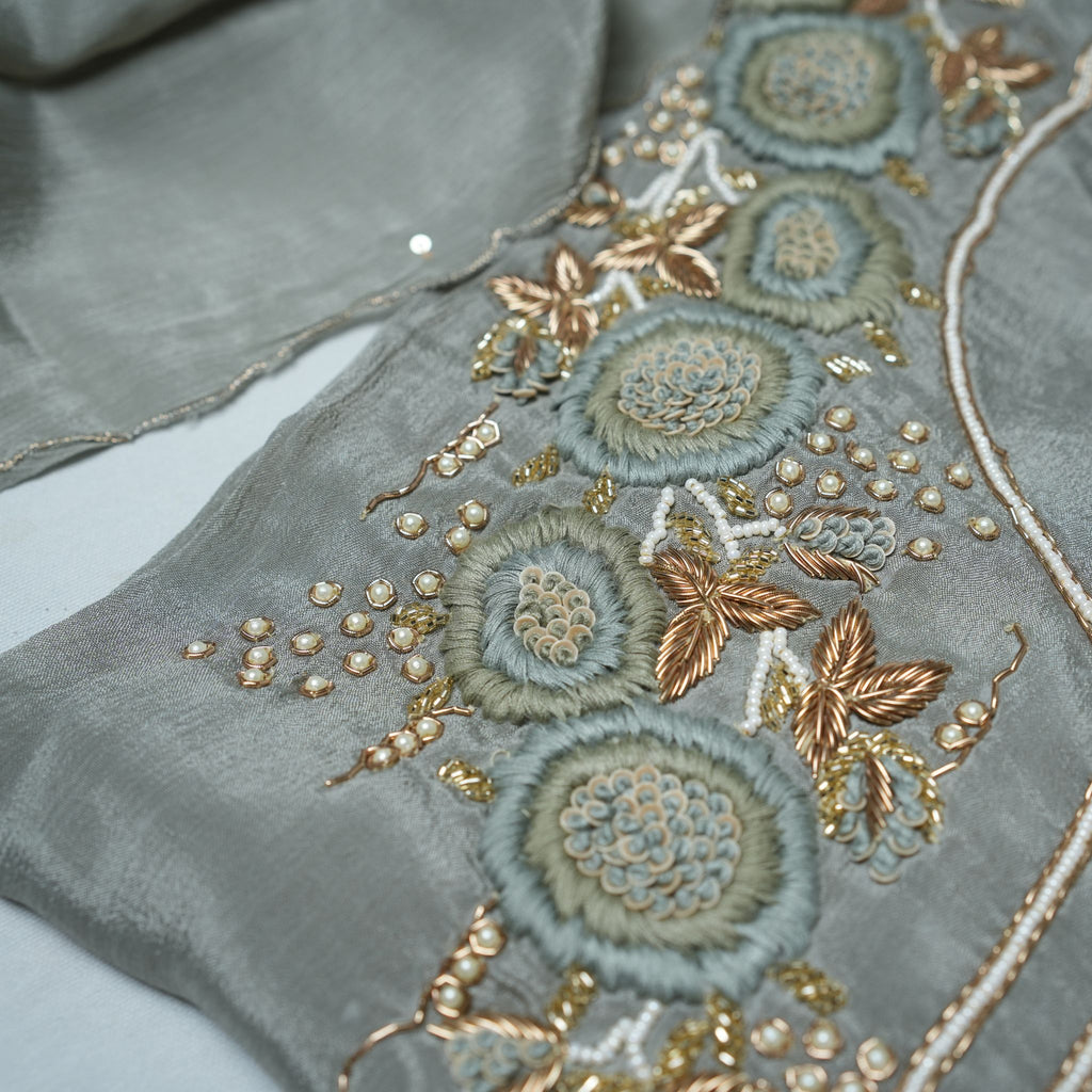 Elegant Sage Grey Chinon 3-Piece Suit Set with Taffeta Bottom