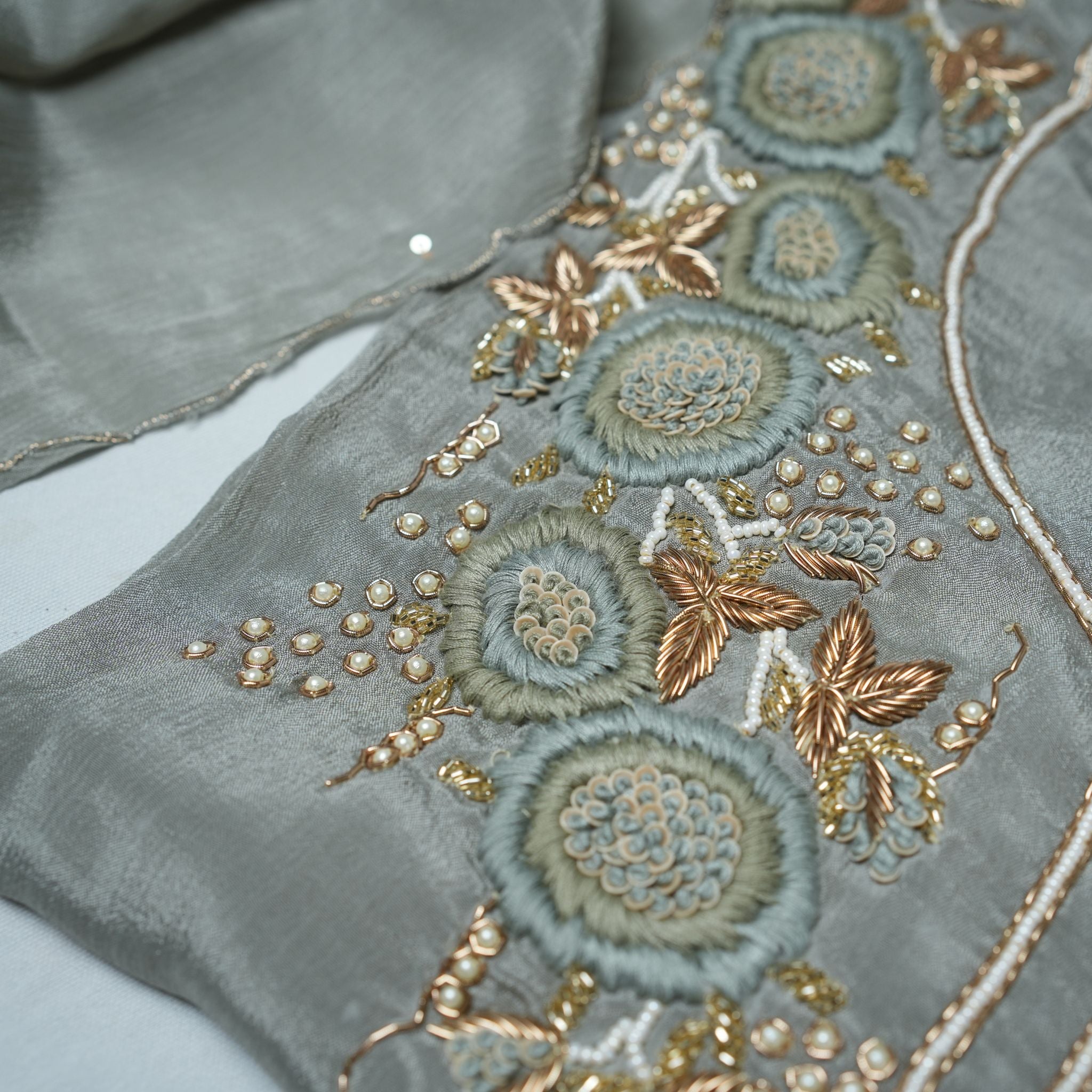 Elegant Sage Grey Chinon 3-Piece Suit Set with Taffeta Bottom