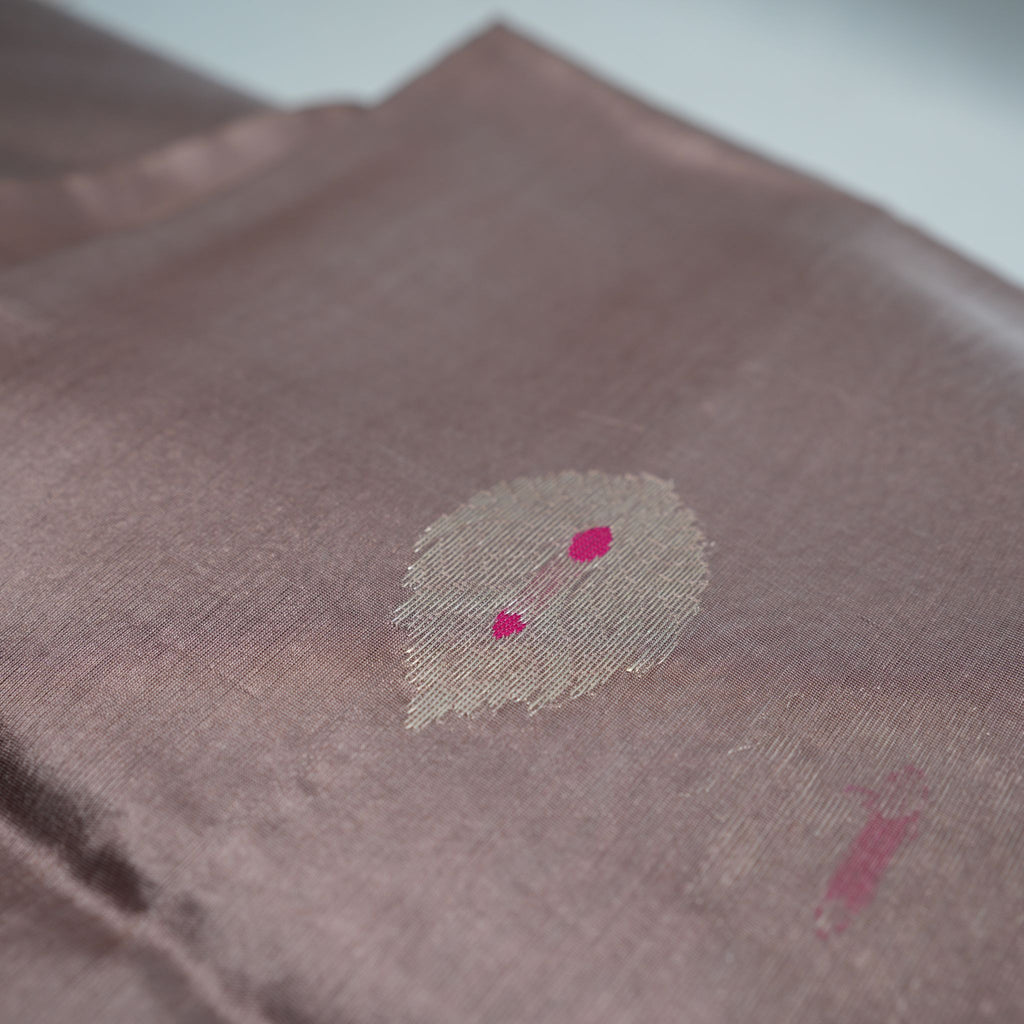 Smokey Mauve Pure Soft Silk Chanderi Handloom Saree with Silver Zari Booti & Contrast Border