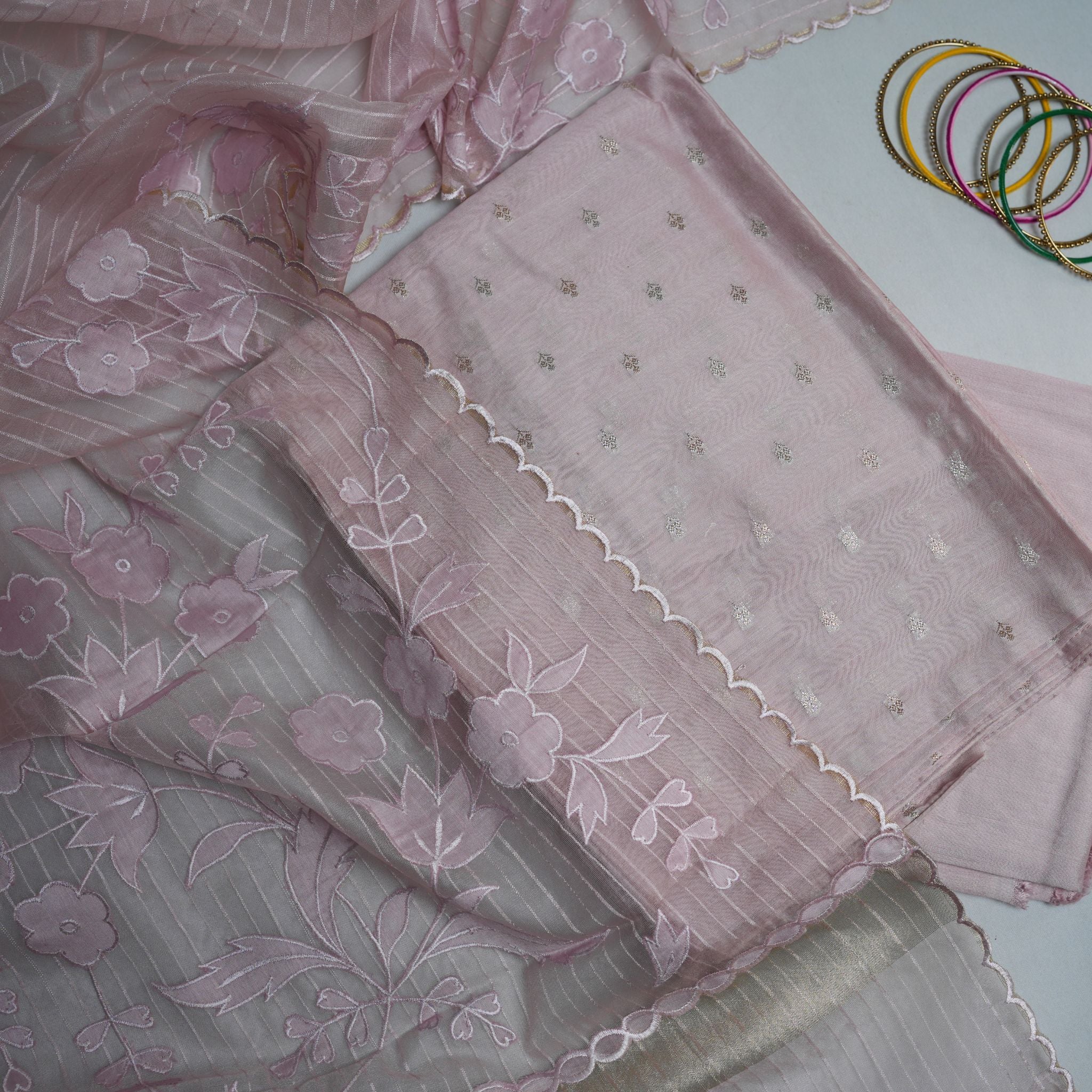 Elegant Pastel Chanderi 3-Piece Suit Set – Organza Dupatta & Opada Bottom