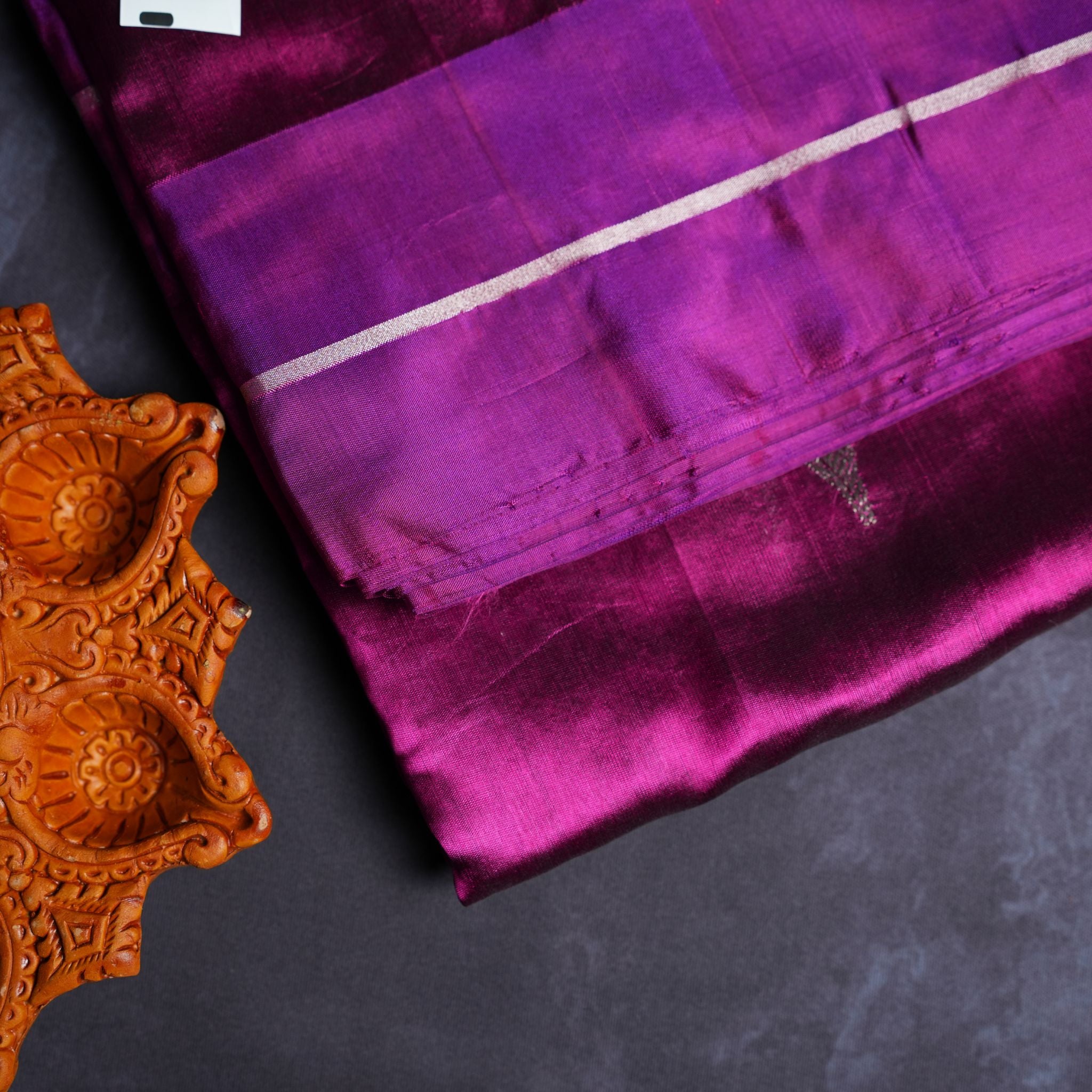 Wine Magenta Pure Soft Silk Chanderi Handloom Saree with Blue Zari Motifs & Purple Contrast Border
