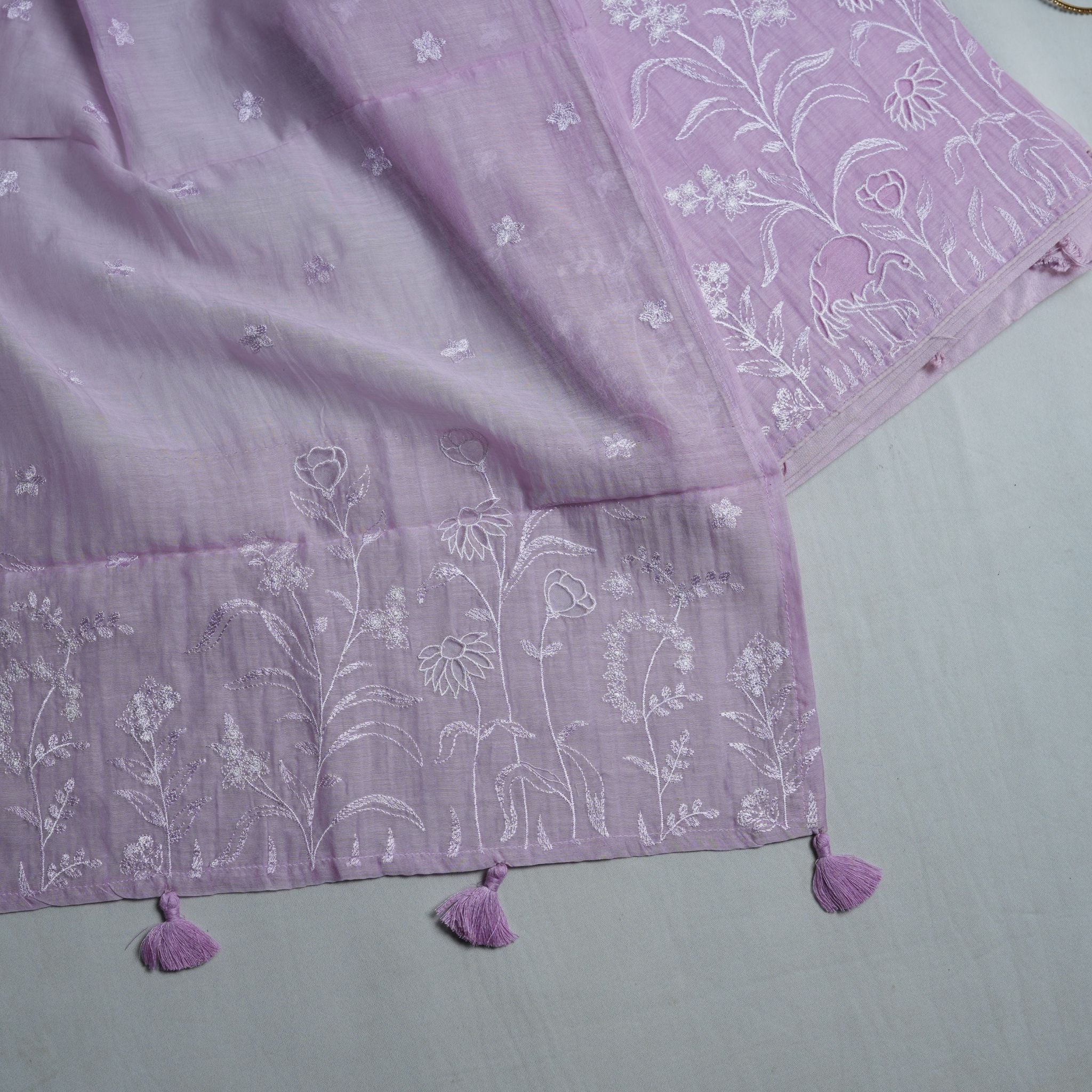 Baby Pink Mul Cotton 3-Piece Suit Set with White Floral & Flamingo Embroidery