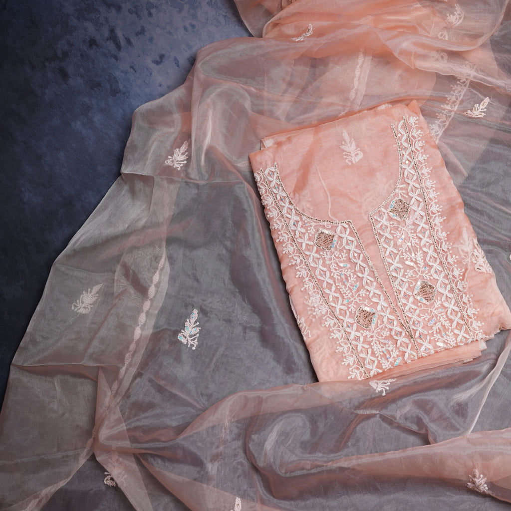 Premium Organza Lucknowi Chikankari Hand-Embroidered Suit Set (Peach Pastel)