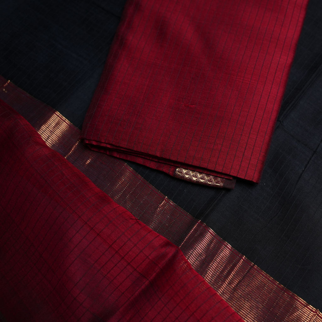 Maheshwari Handloom 2-Piece Suit Set in Black & Maroon with Zari Woven Border