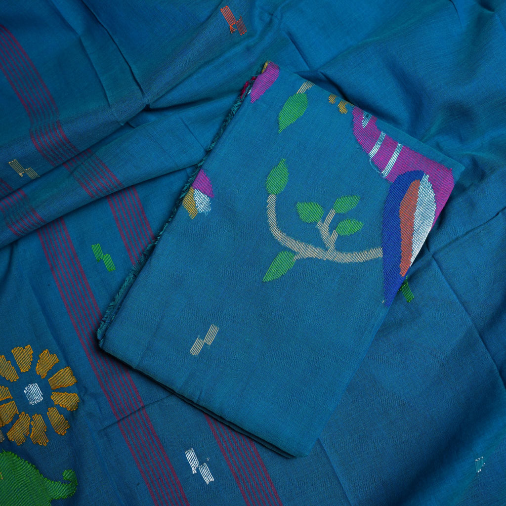 Cotton Handwoven Jamdani 2-Piece Suit Set with Multicolour Bird & Floral Motifs