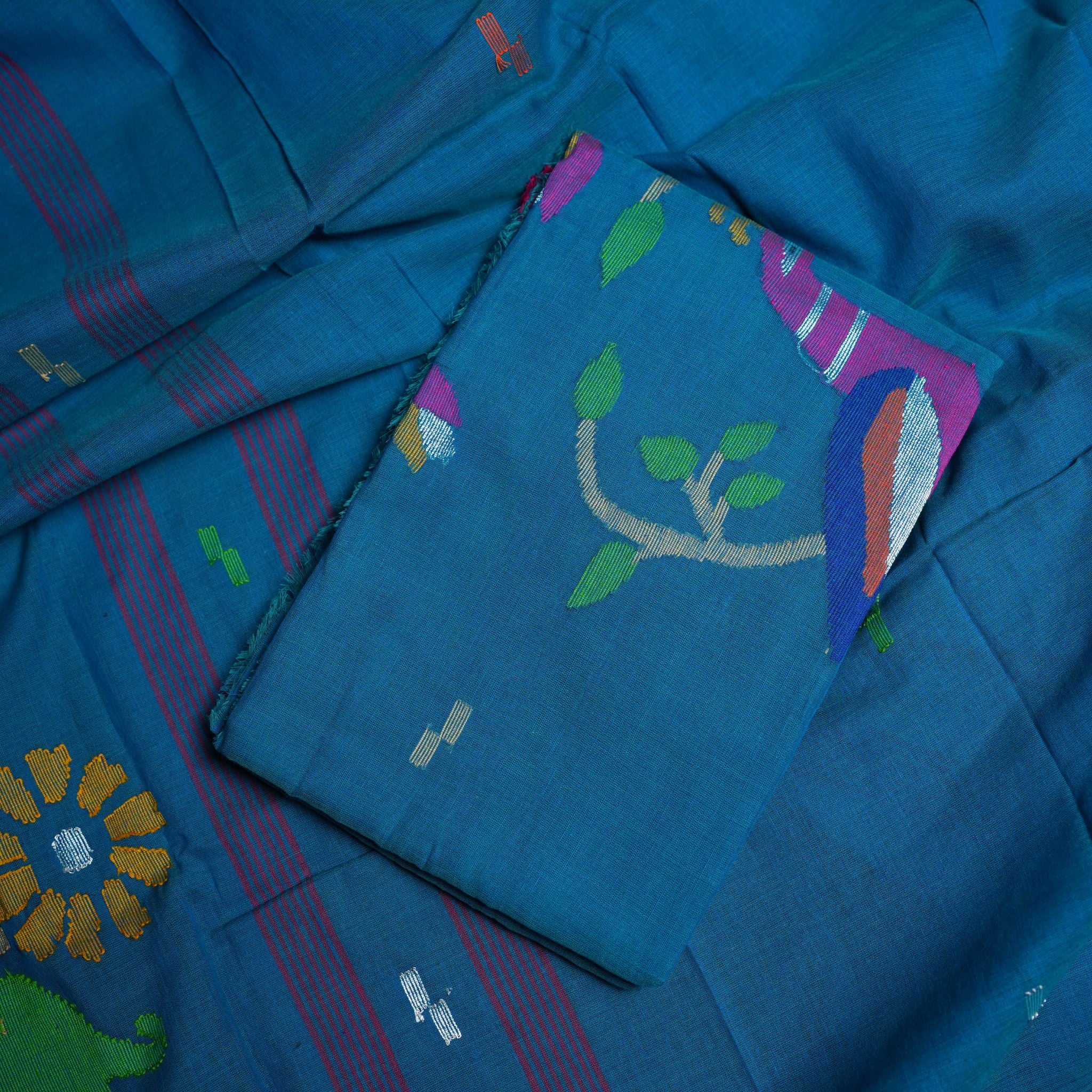 Cotton Handwoven Jamdani 2-Piece Suit Set with Multicolour Bird & Floral Motifs