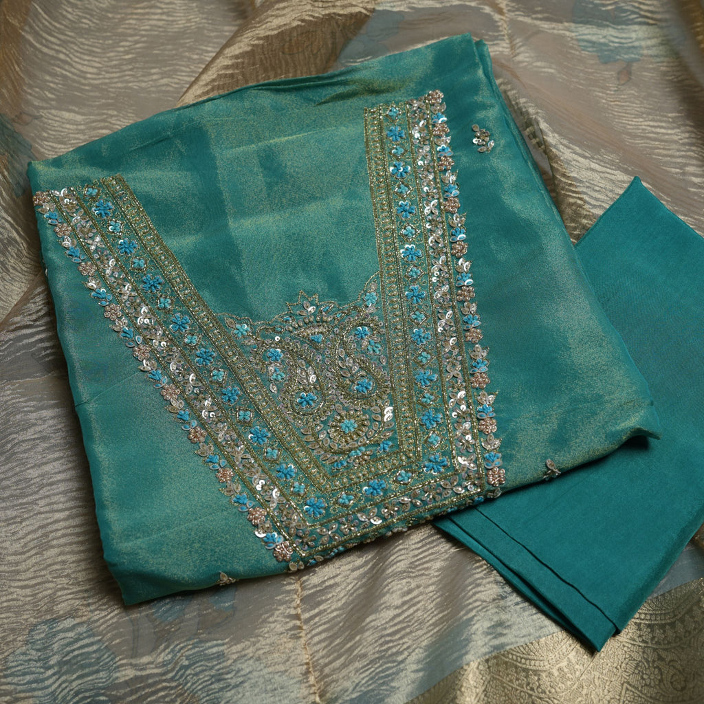 Teal Blue Tiju Silk Embroidered 3-Piece Suit Set with Tiju Dupatta & Opada Bottom