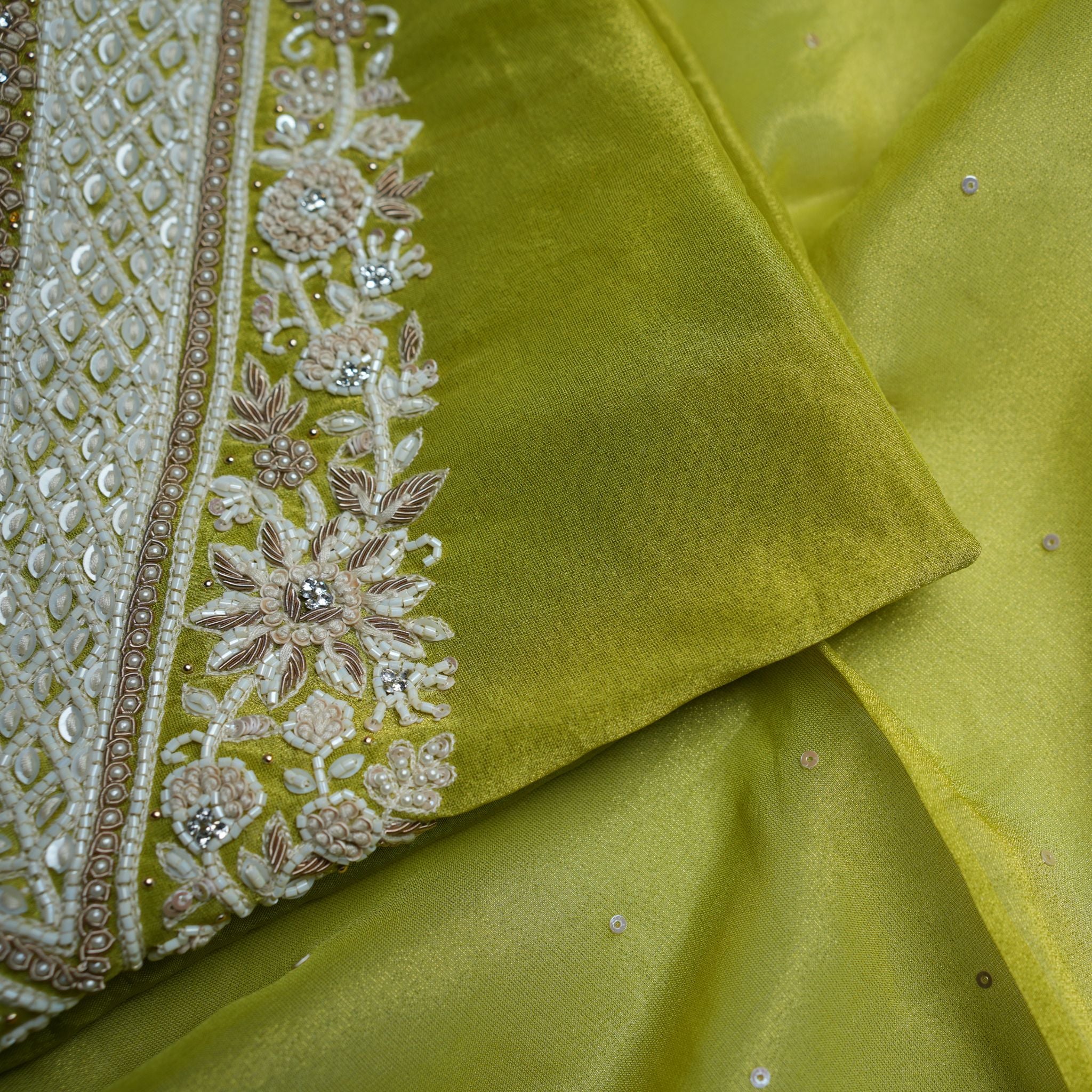 Designer Tissu Silk Suit Set in Pistachio Green with Opada Bottom