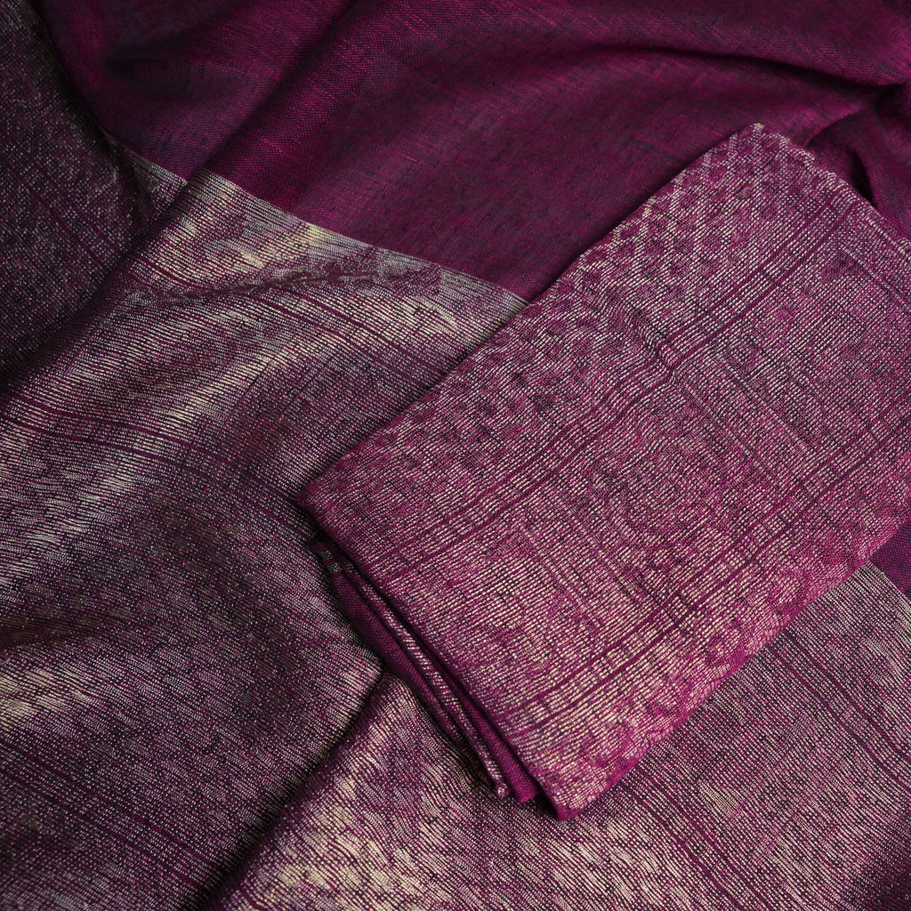 Premium Linen Handwoven Suit Set with Rich Zari Weave – Plum & Antique Gold