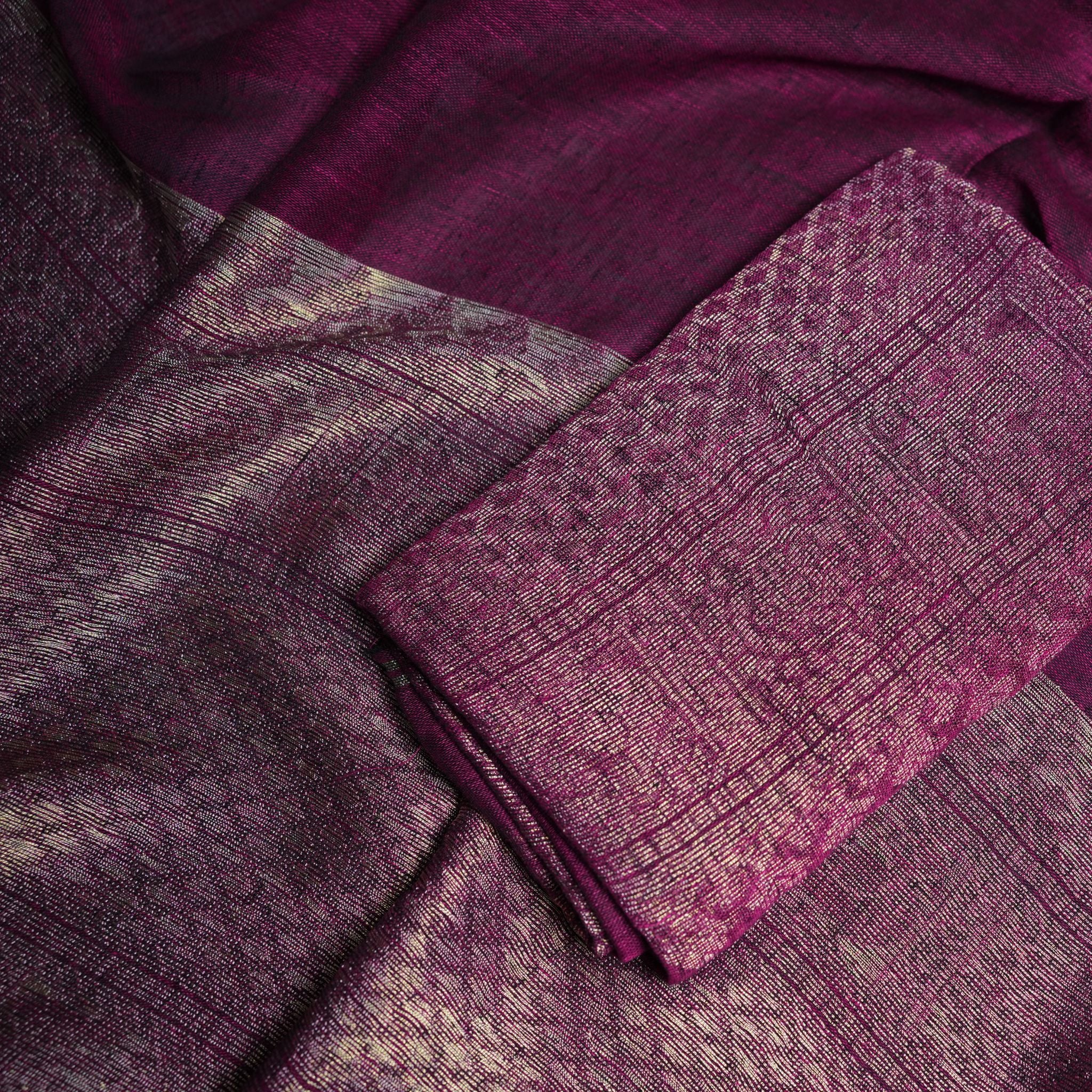 Premium Linen Handwoven Suit Set with Rich Zari Weave – Plum & Antique Gold