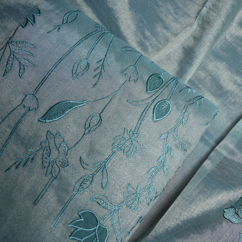 Premium Tissue Silk Embroidered 3-Piece Suit Set with Floral Thread Work (Pastel Aqua)