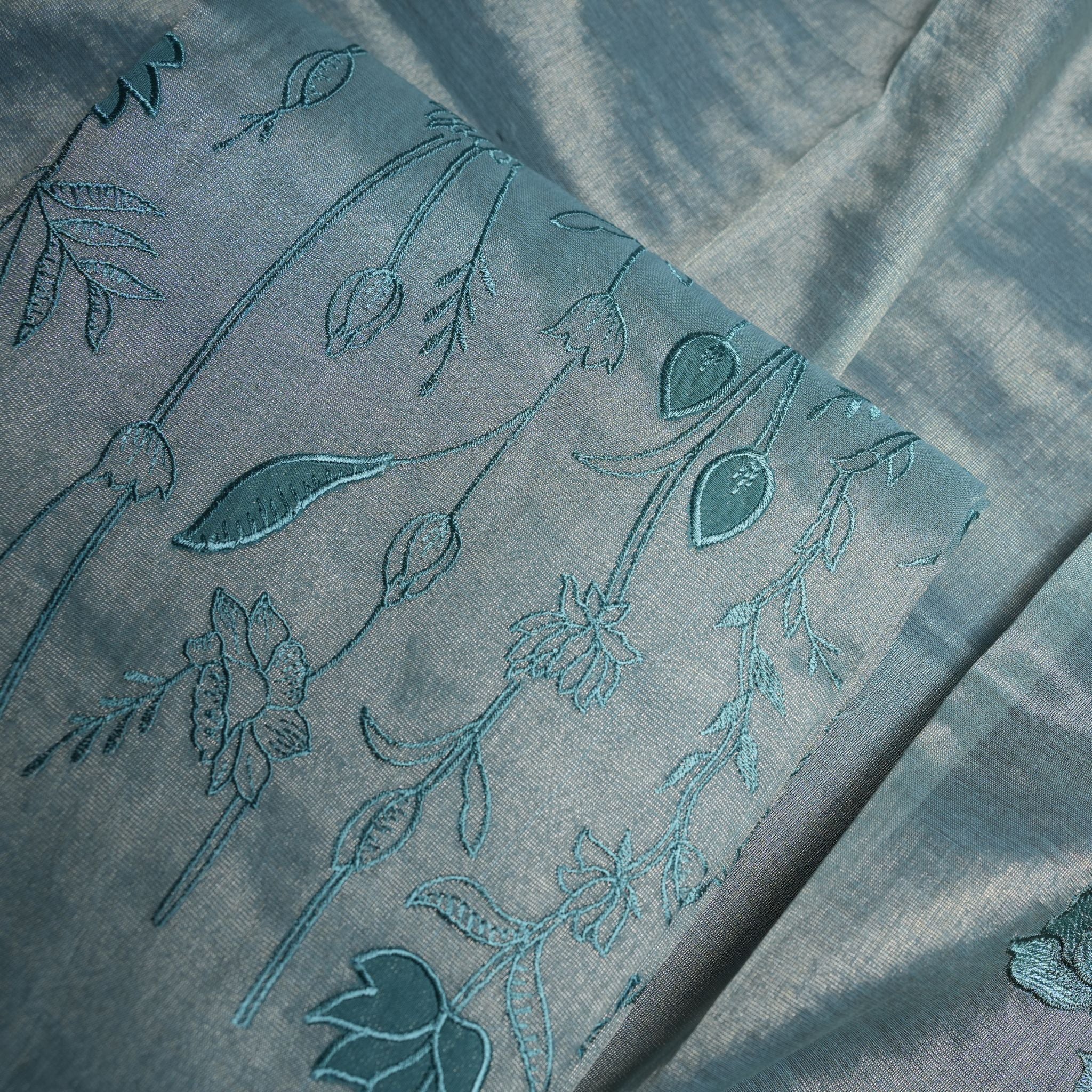 Premium Tissue Silk Embroidered 3-Piece Suit Set with Floral Thread Work (Pastel Aqua)