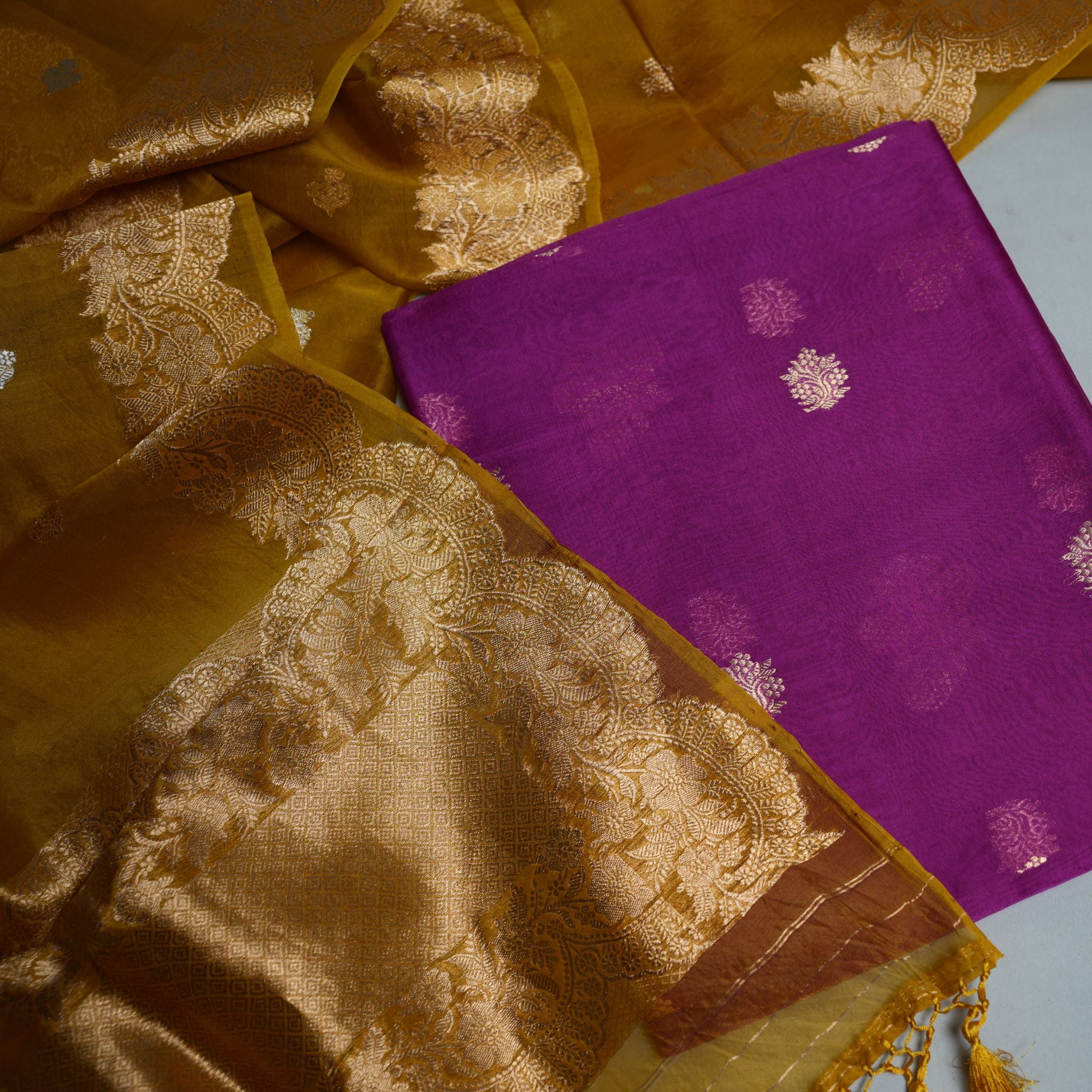 Luxury Banaras Handloom Kora Silk 2-Pc Suit Set with Gold Zari Weave