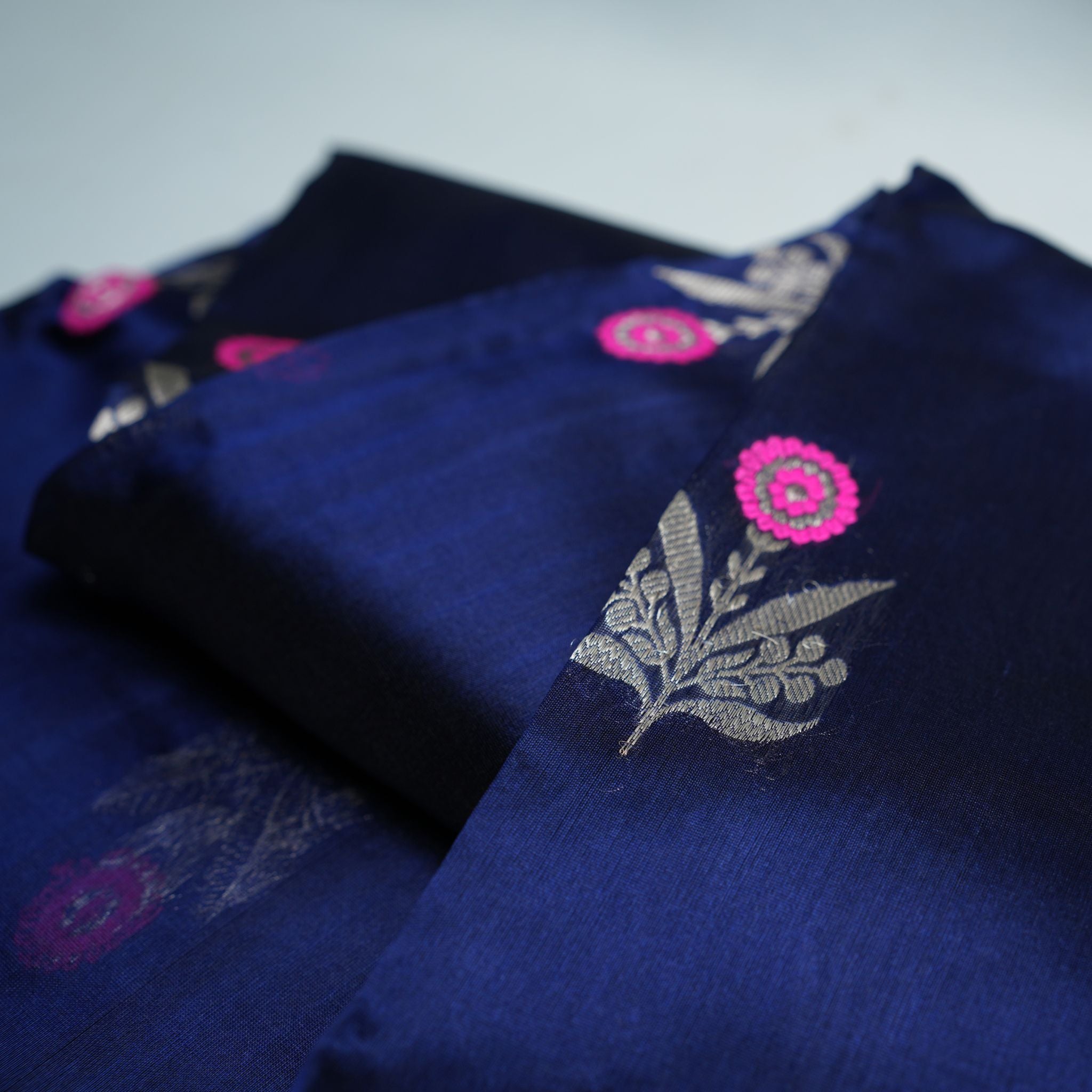 Navy Blue Pure Soft Silk Chanderi Handloom Saree with Silver Zari Floral Booti & Royal Purple Border
