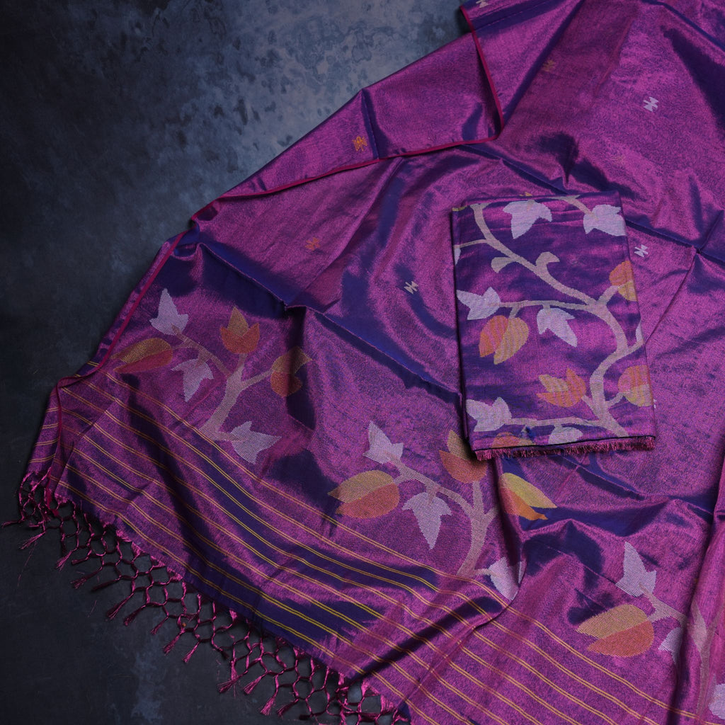 Tissue Handwoven Jamdani 2-Piece Suit Set with Floral Woven Motifs (Royal Purple)