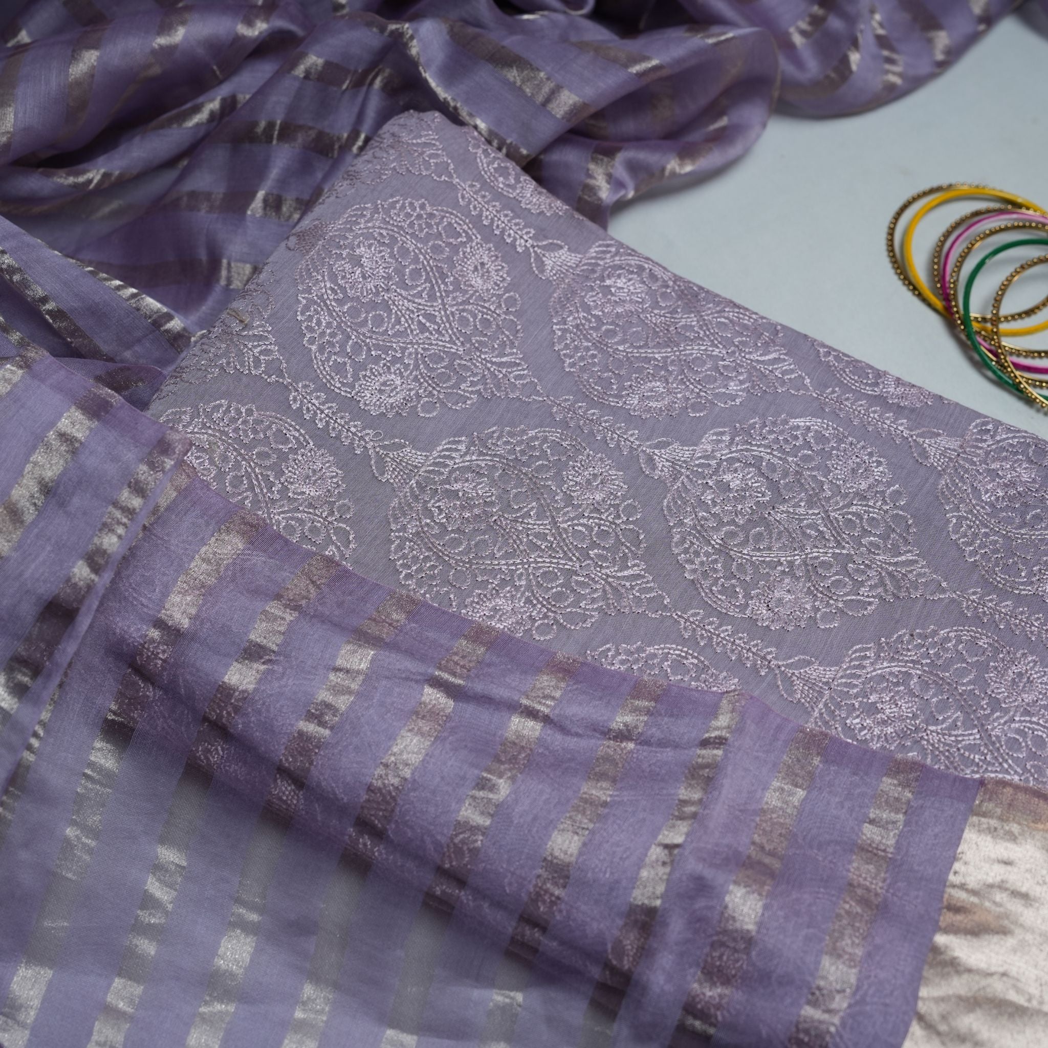 Lavender Metallic Striped Organza Suit Set