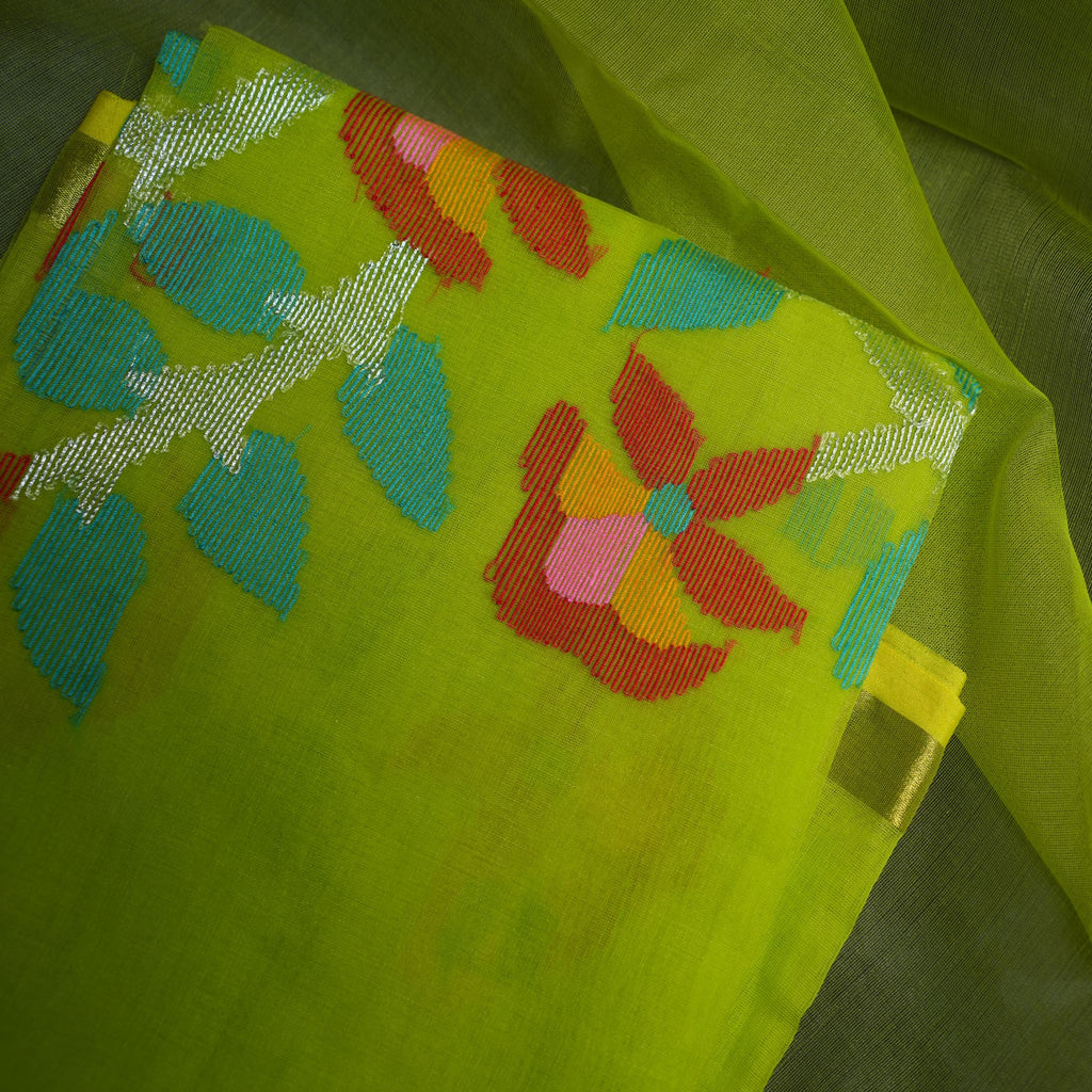 Muslin Jamdani Handwoven 2-Piece Suit Set – Lime Green with Contrast Floral Motifs