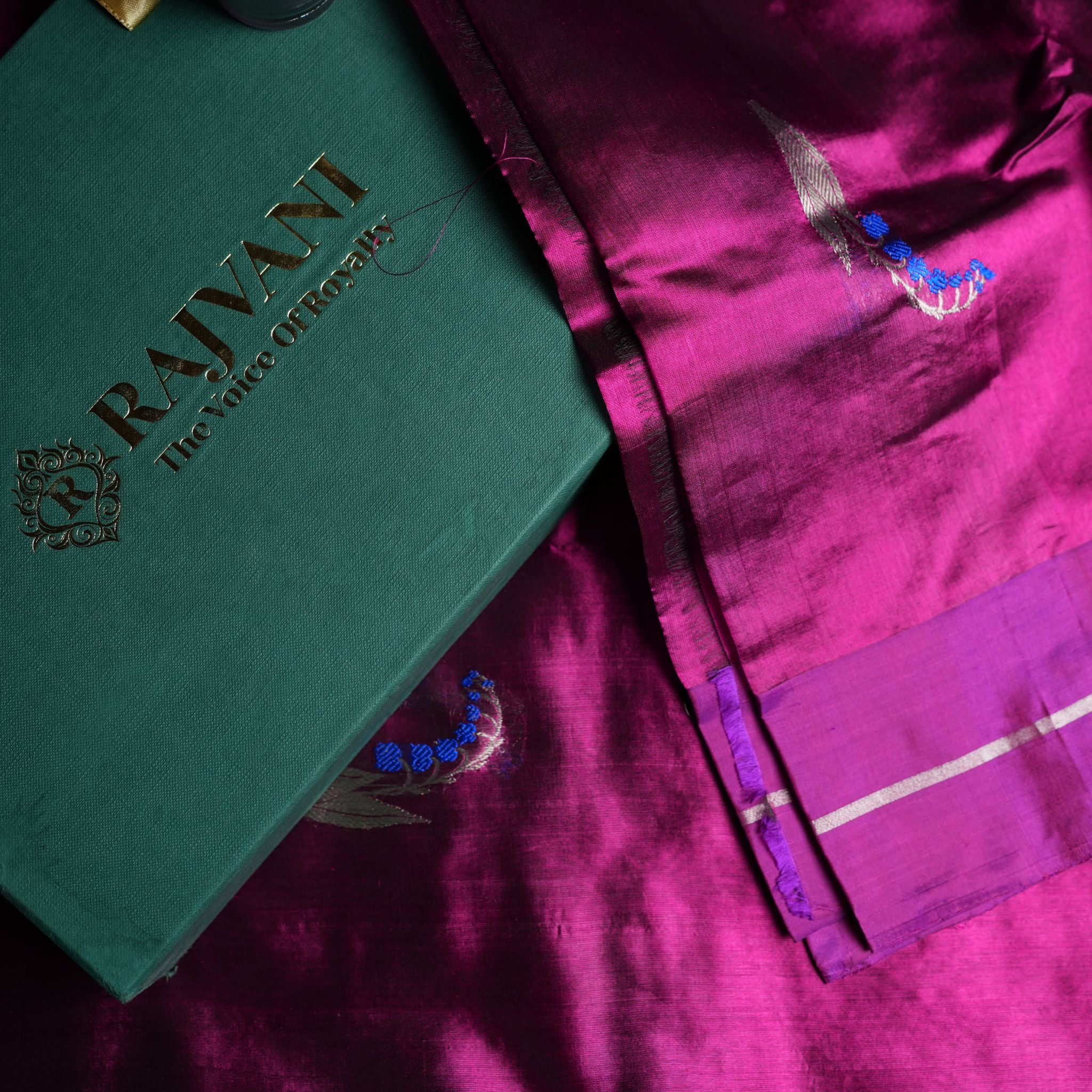 Wine Magenta Pure Soft Silk Chanderi Handloom Saree with Blue Zari Motifs & Purple Contrast Border