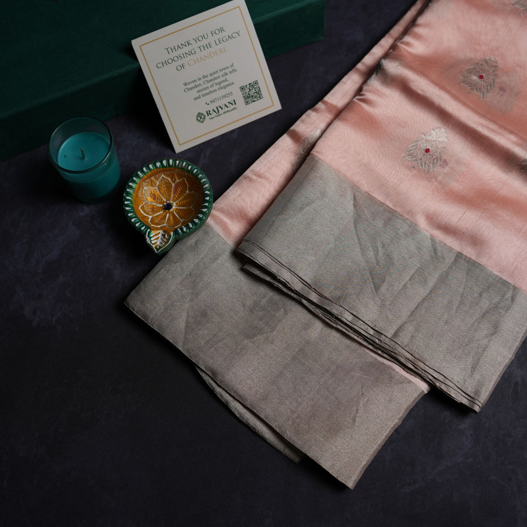 Blush Pink Pure Soft Silk Chanderi Handloom Saree with Silver Zari Booti & Grey Border
