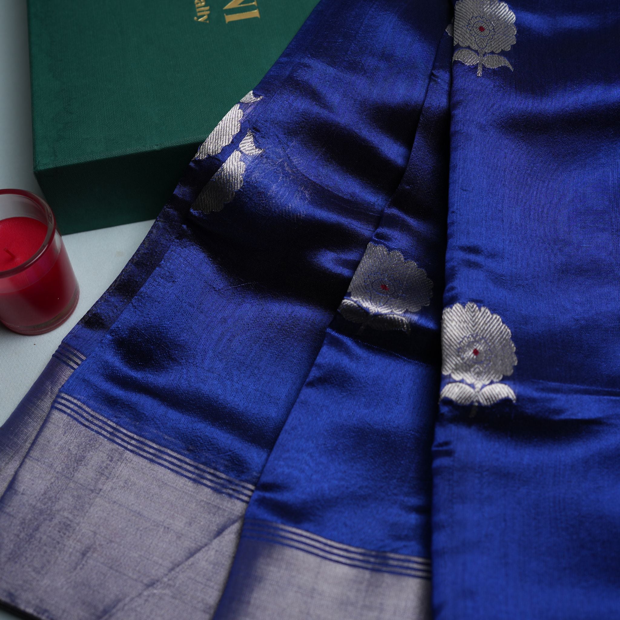 Royal Blue Pure Soft Silk Chanderi Handloom Saree with Silver Zari Booti & Grey Border
