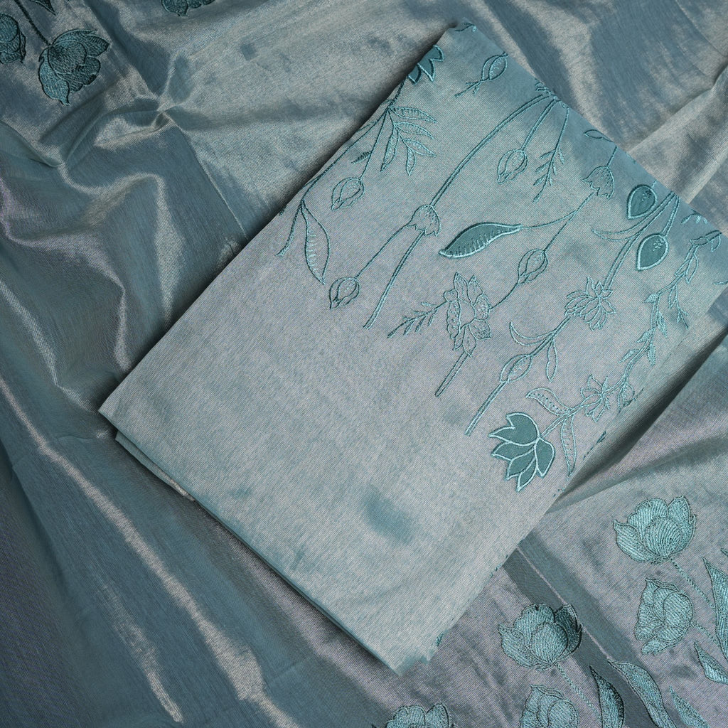 Premium Tissue Silk Embroidered 3-Piece Suit Set with Floral Thread Work (Pastel Aqua)