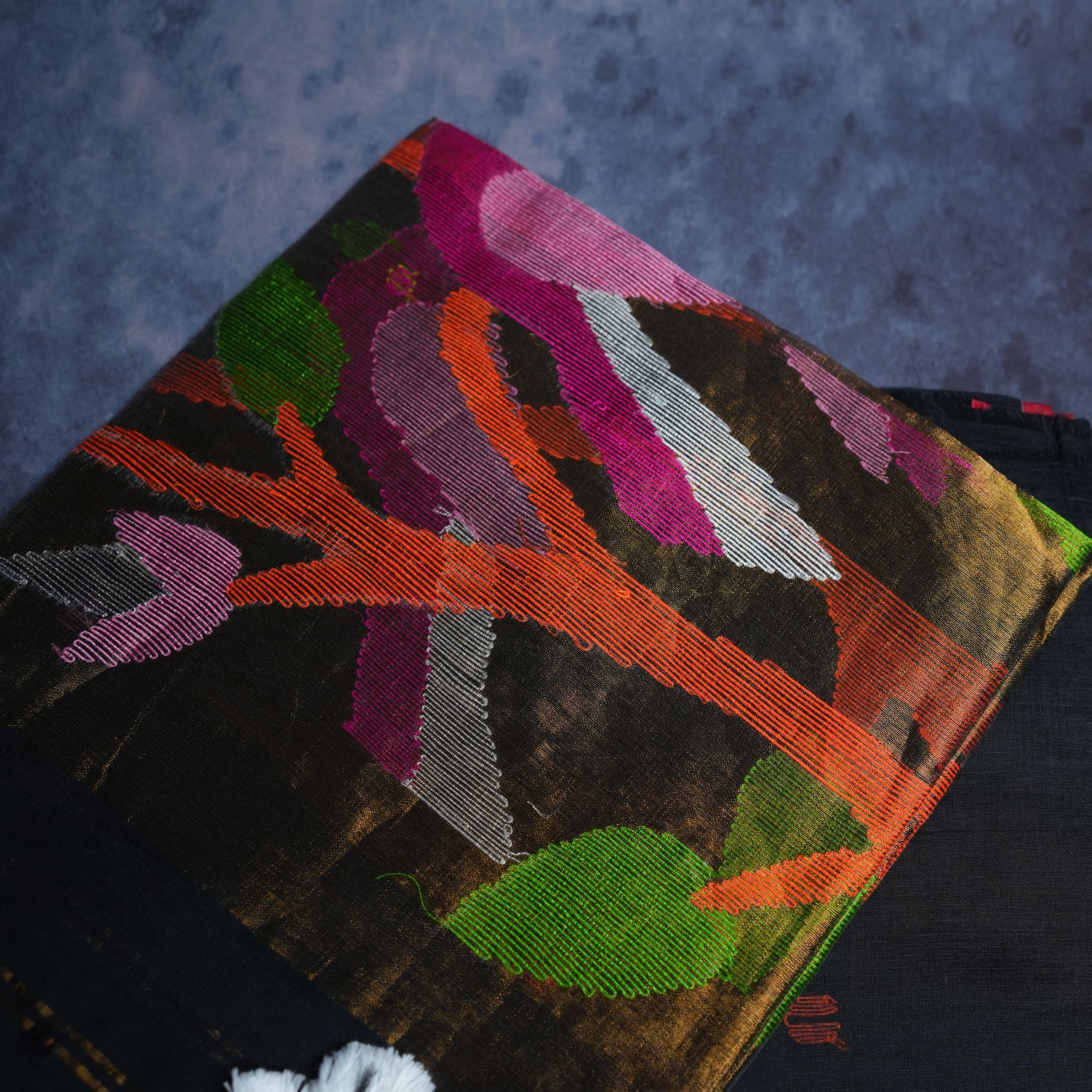 Muslin Jamdani Handwoven Suit Set with Multicolour Art Motifs & Tassel Dupatta (Black Base)