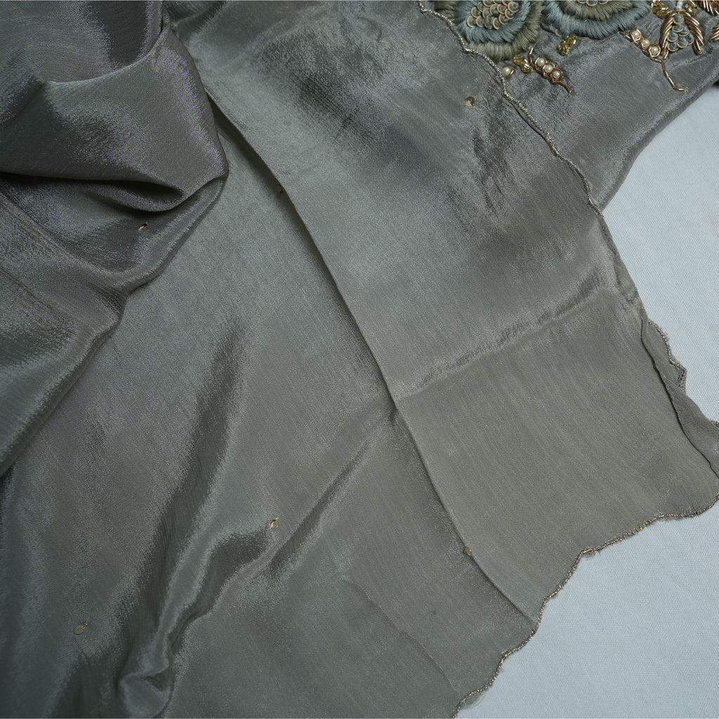 Elegant Sage Grey Chinon 3-Piece Suit Set with Taffeta Bottom