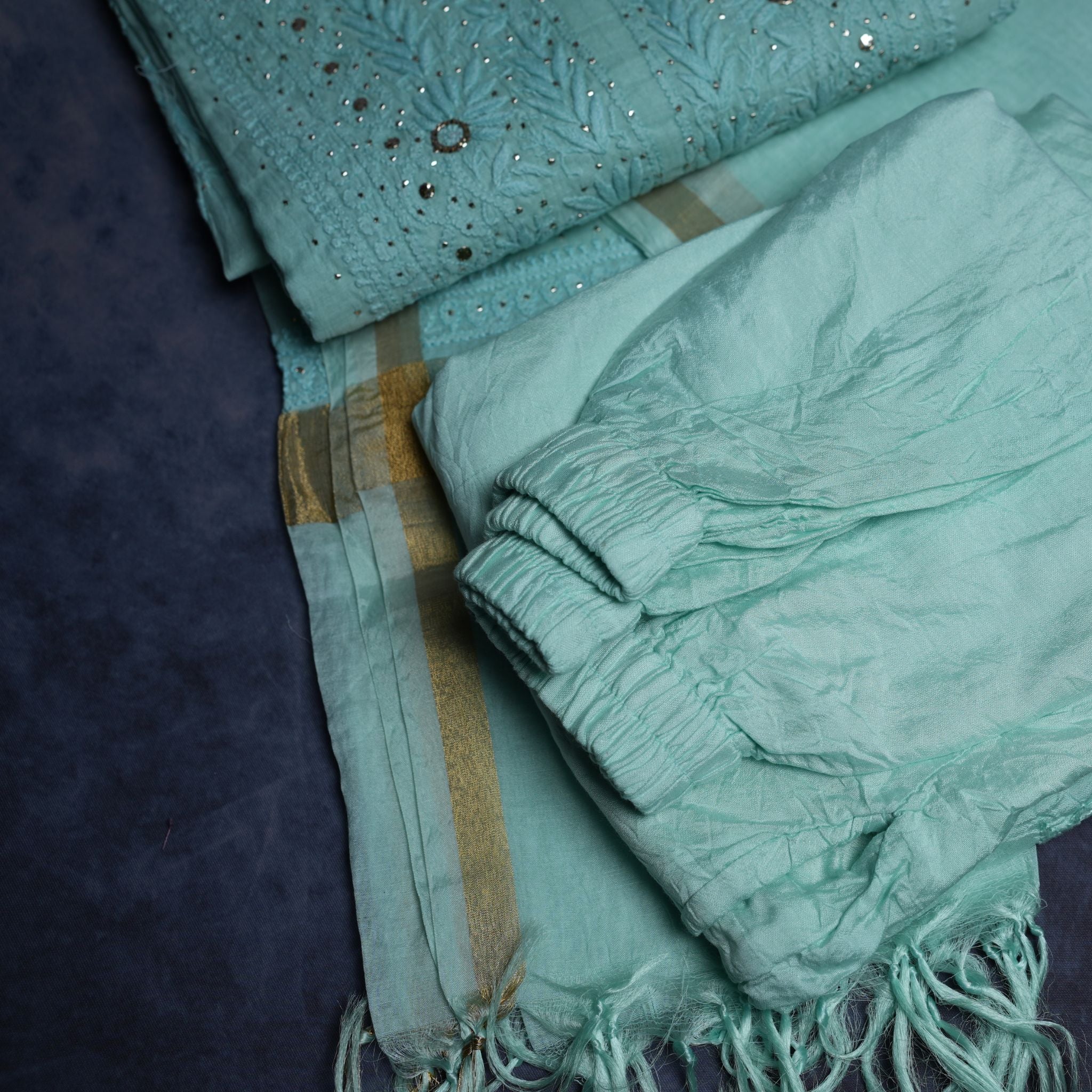Lucknowi Chikankari Handwork Cotton Suit Set with Dupatta – Pastel Aqua Green