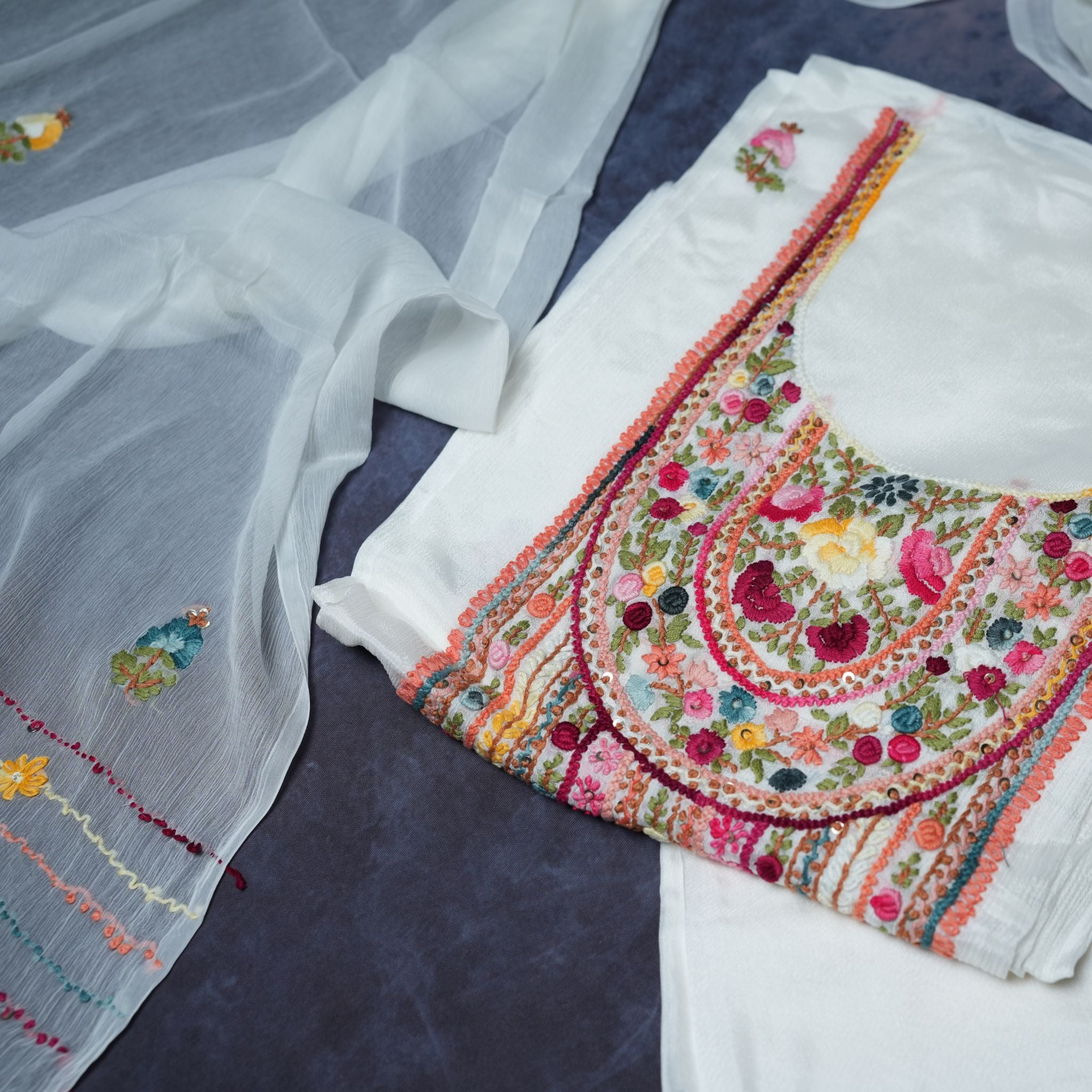 White Chinon 3-Piece Suit Set with Heavy Multicolor Thread Embroidery