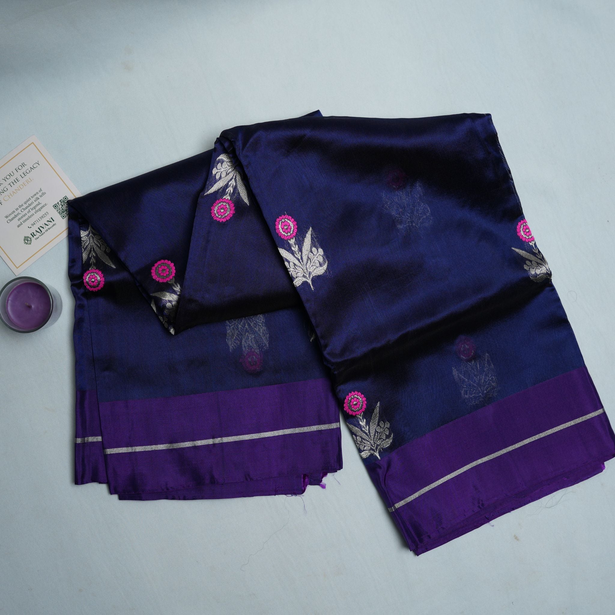 Navy Blue Pure Soft Silk Chanderi Handloom Saree with Silver Zari Floral Booti & Royal Purple Border