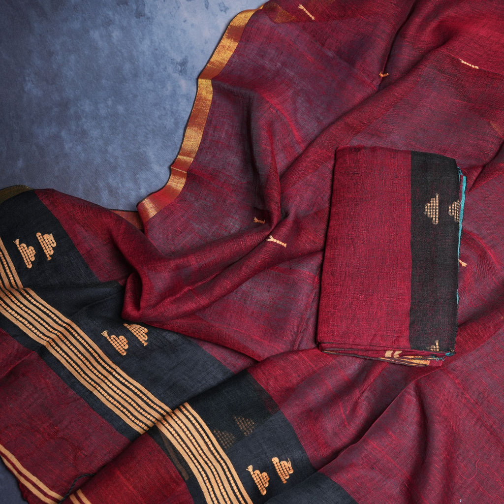 Linen Jamdani Handwoven Suit Set with Contrast Border & Traditional Motifs