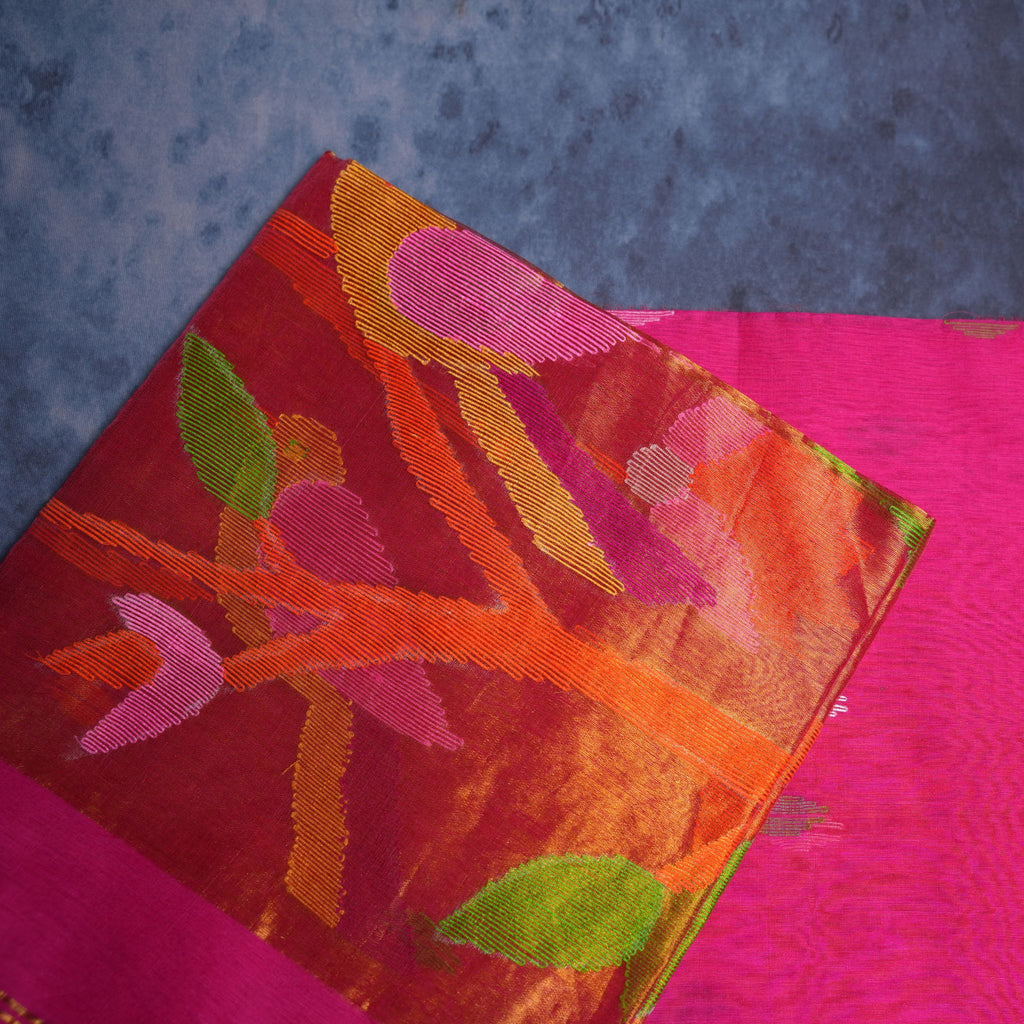 Muslin Jamdani Handwoven Suit Set with Multicolour Artistic Motifs & Tassel Dupatta (Pink Base)