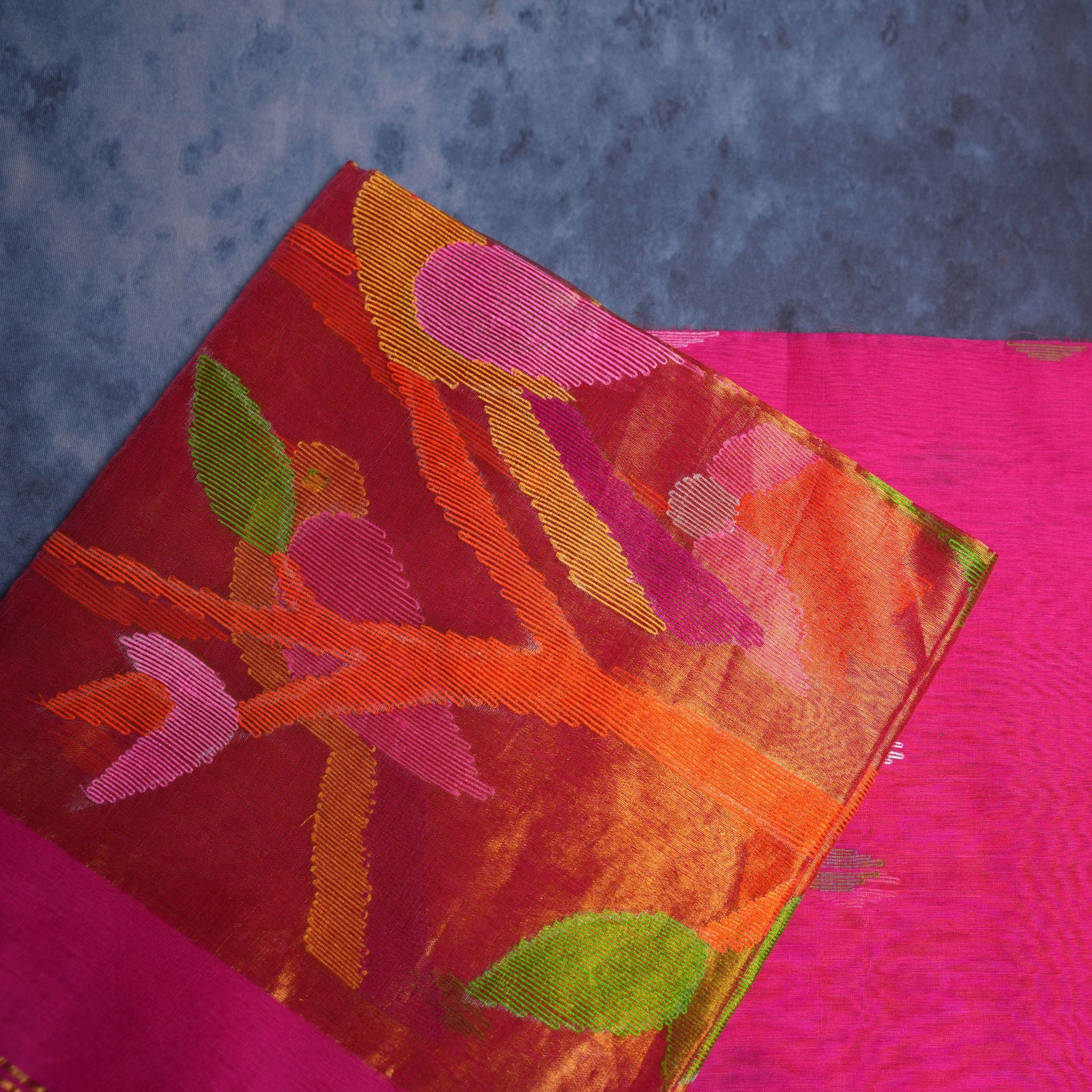 Muslin Jamdani Handwoven Suit Set with Multicolour Artistic Motifs & Tassel Dupatta (Pink Base)