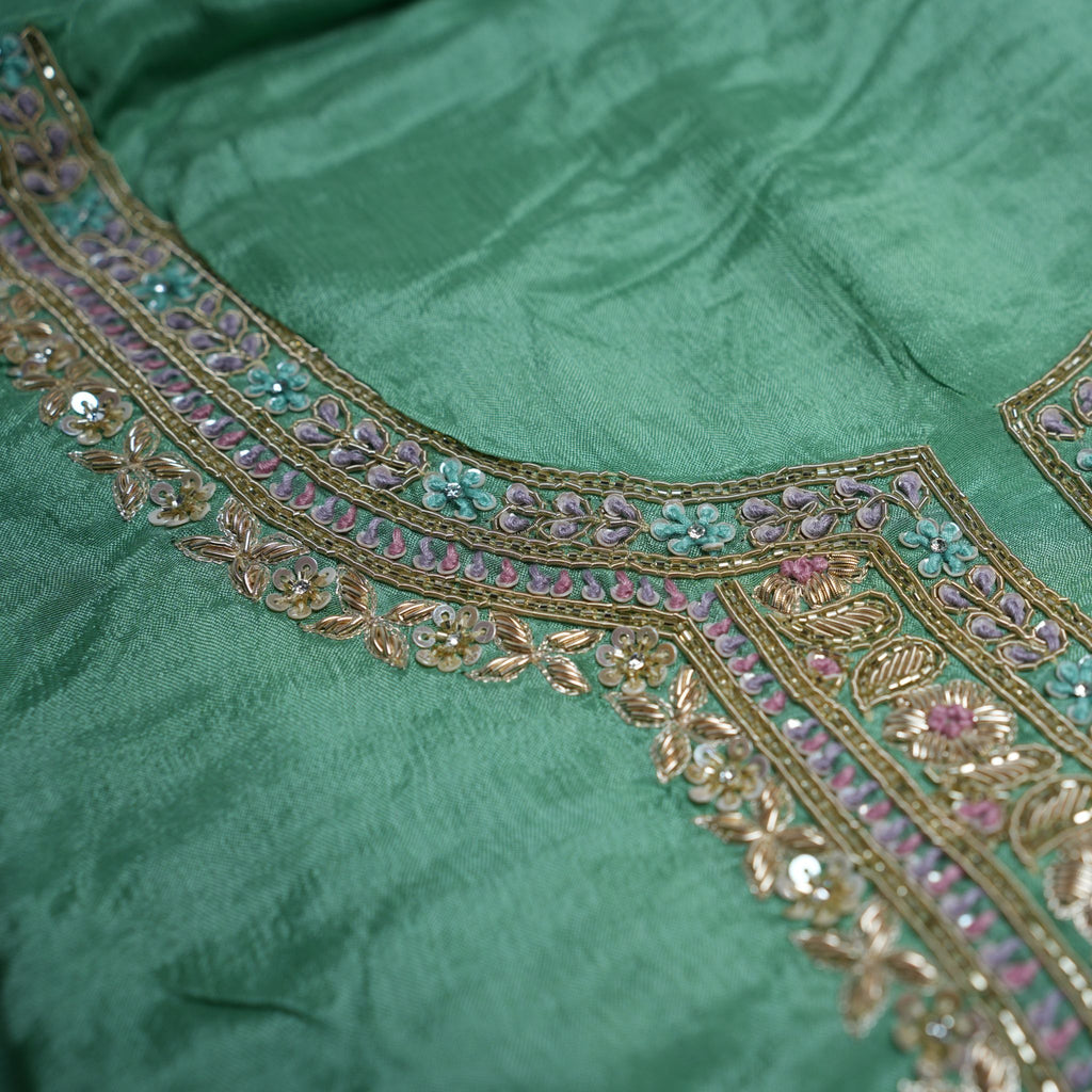 Designer Chinon 3-Piece Suit Set in Green with Hand Embroidered Neckline