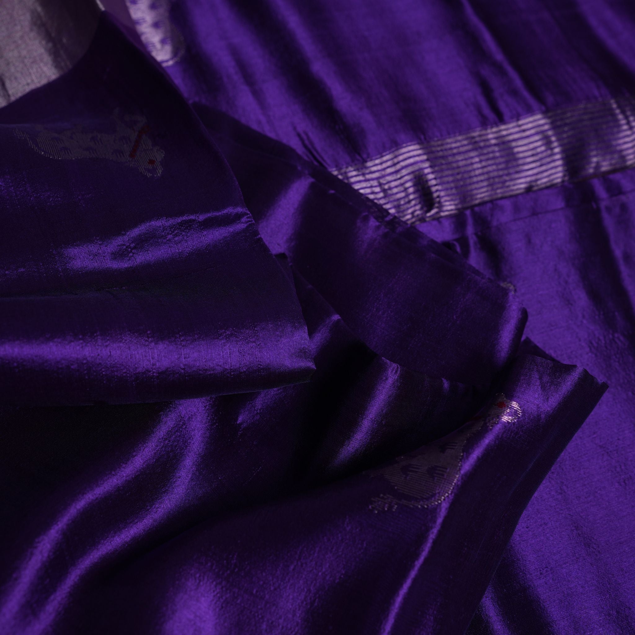 Royal Purple Pure Soft Silk Chanderi Handloom Saree with Traditional Animal Booti & Silver Border