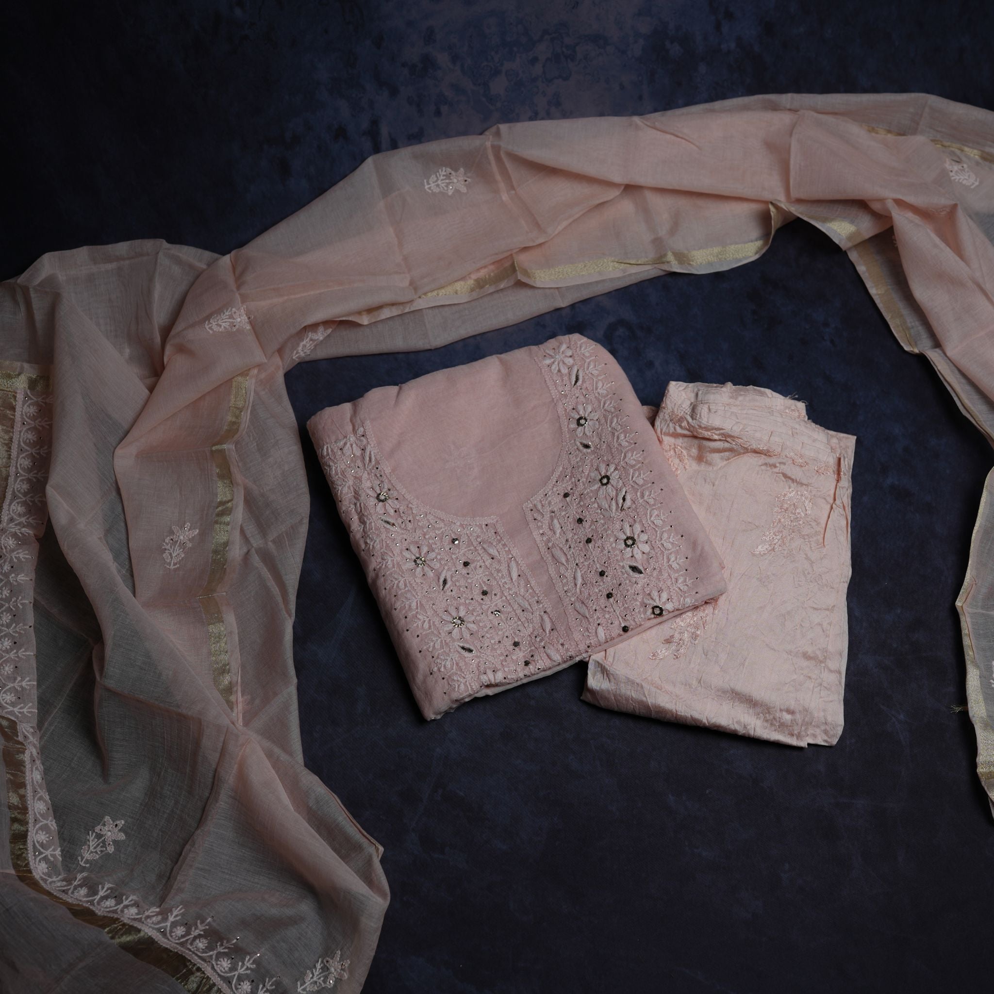 Pastel Peach Lucknowi Chikankari Handwork 3-Piece Suit Set with Mirror & Thread Embroidery