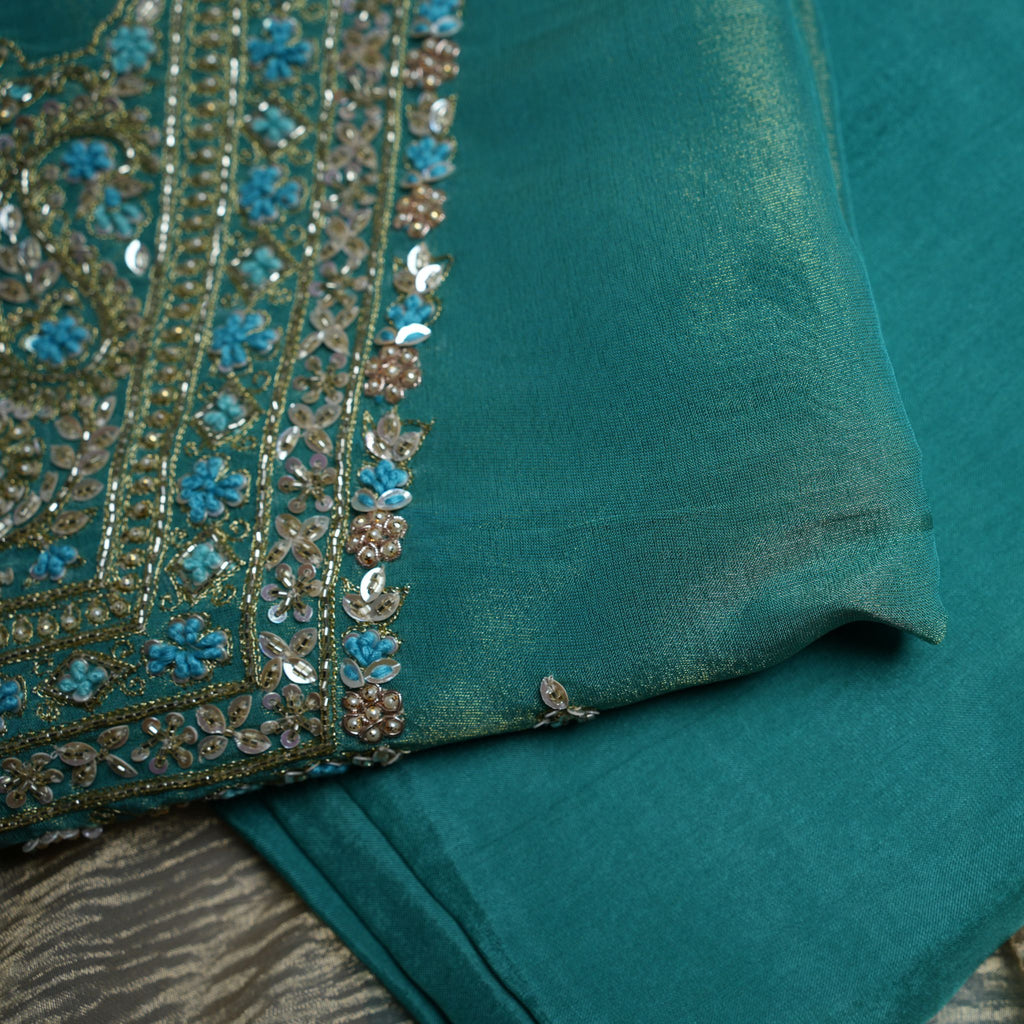Teal Blue Tiju Silk Embroidered 3-Piece Suit Set with Tiju Dupatta & Opada Bottom
