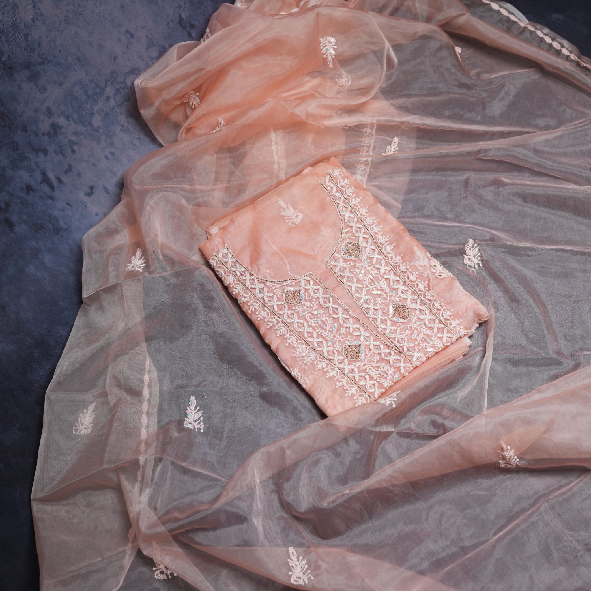 Premium Organza Lucknowi Chikankari Hand-Embroidered Suit Set (Peach Pastel)