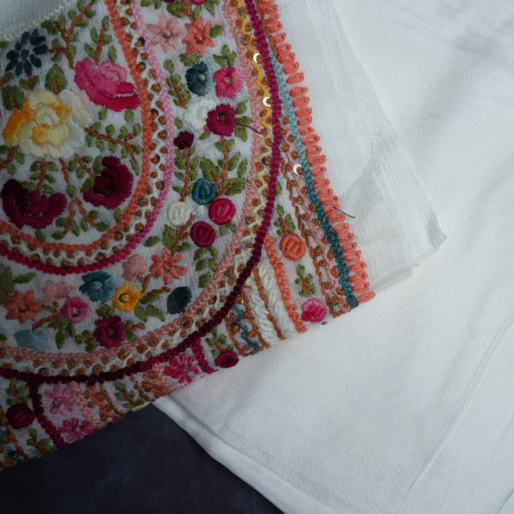 White Chinon 3-Piece Suit Set with Heavy Multicolor Thread Embroidery