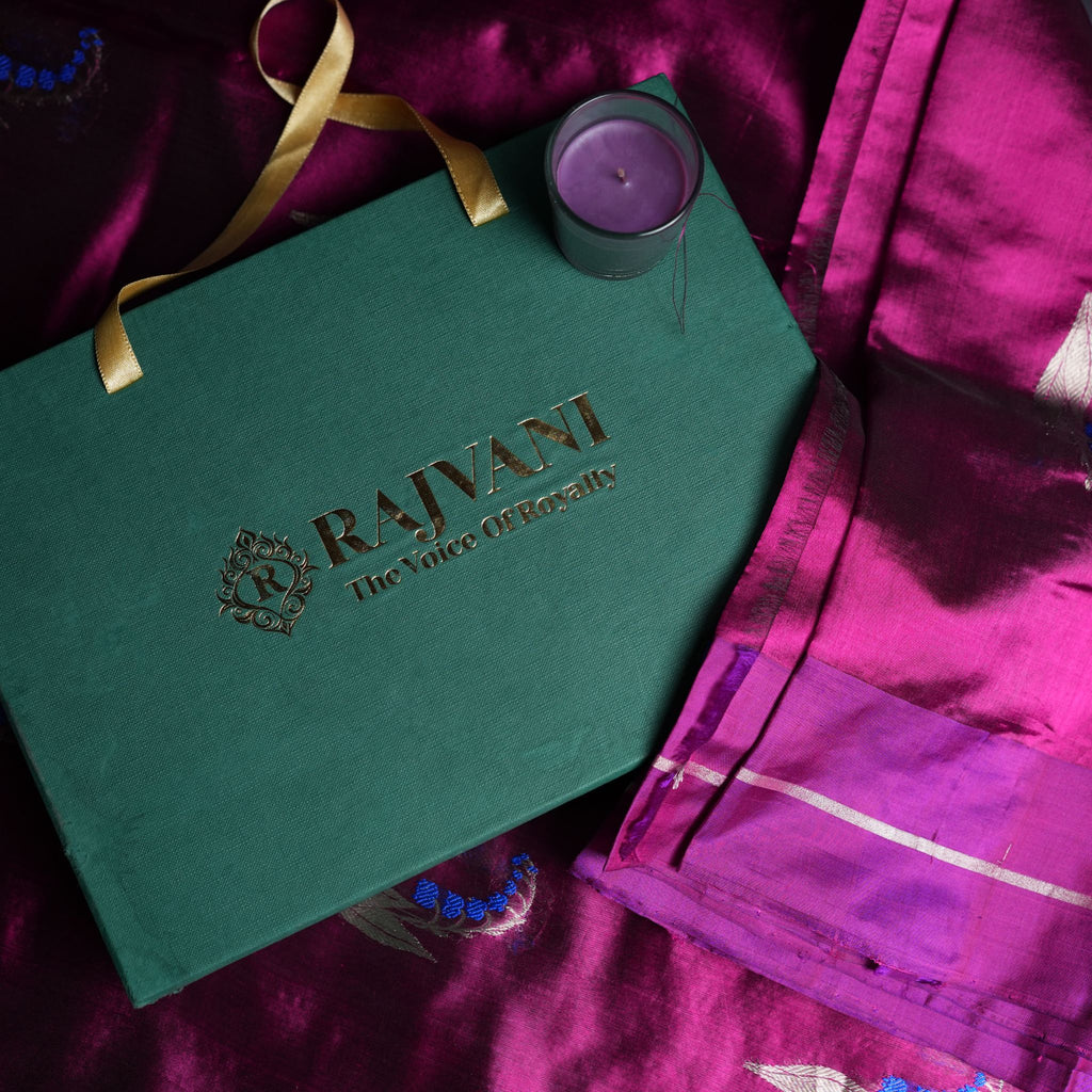 Wine Magenta Pure Soft Silk Chanderi Handloom Saree with Blue Zari Motifs & Purple Contrast Border