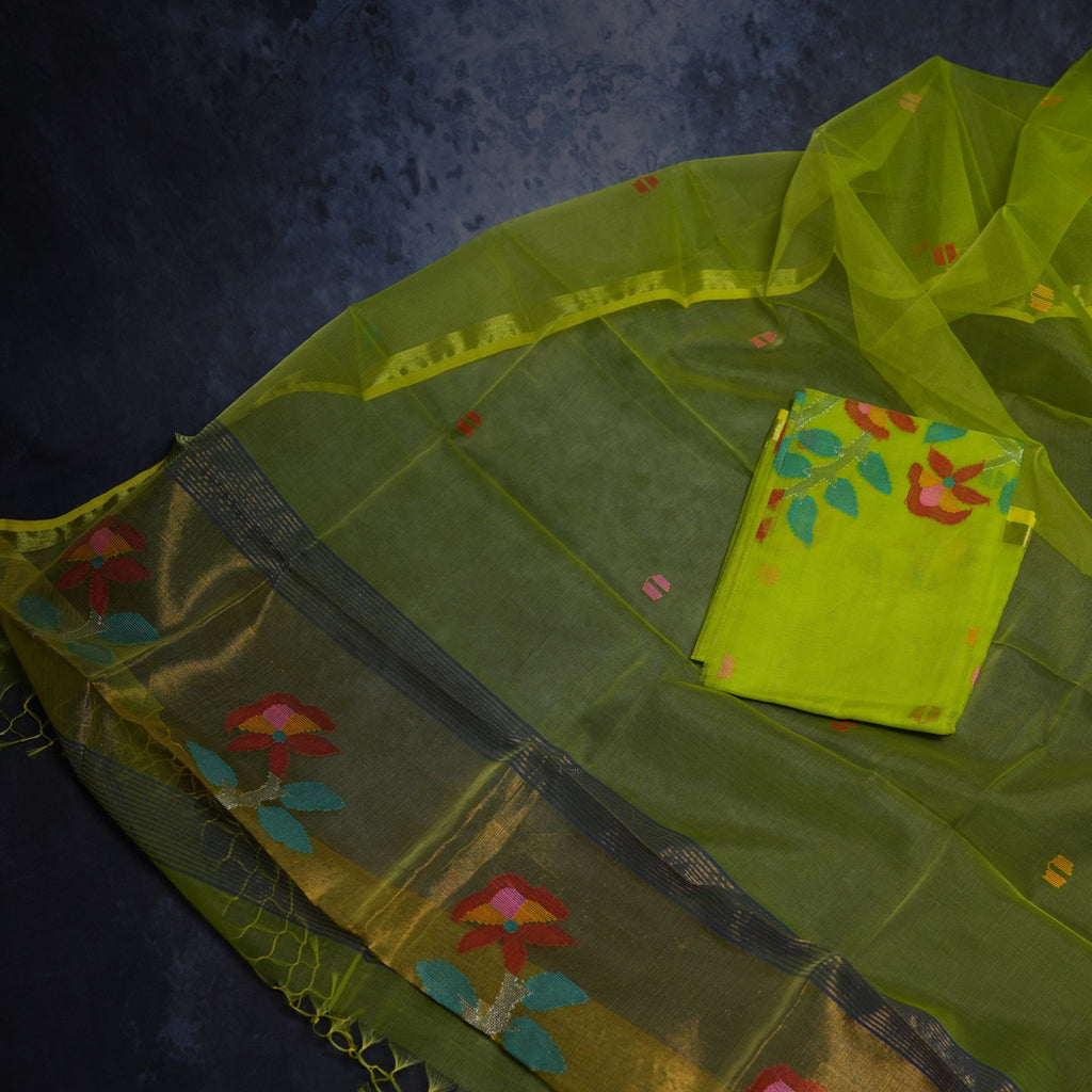 Muslin Jamdani Handwoven 2-Piece Suit Set – Lime Green with Contrast Floral Motifs