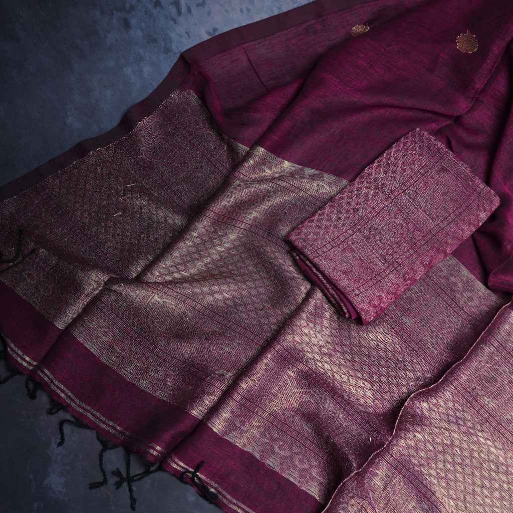 Premium Linen Handwoven Suit Set with Rich Zari Weave – Plum & Antique Gold