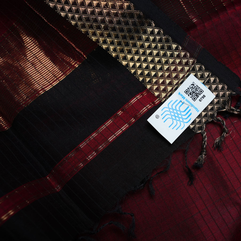 Maheshwari Handloom 2-Piece Suit Set in Black & Maroon with Zari Woven Border
