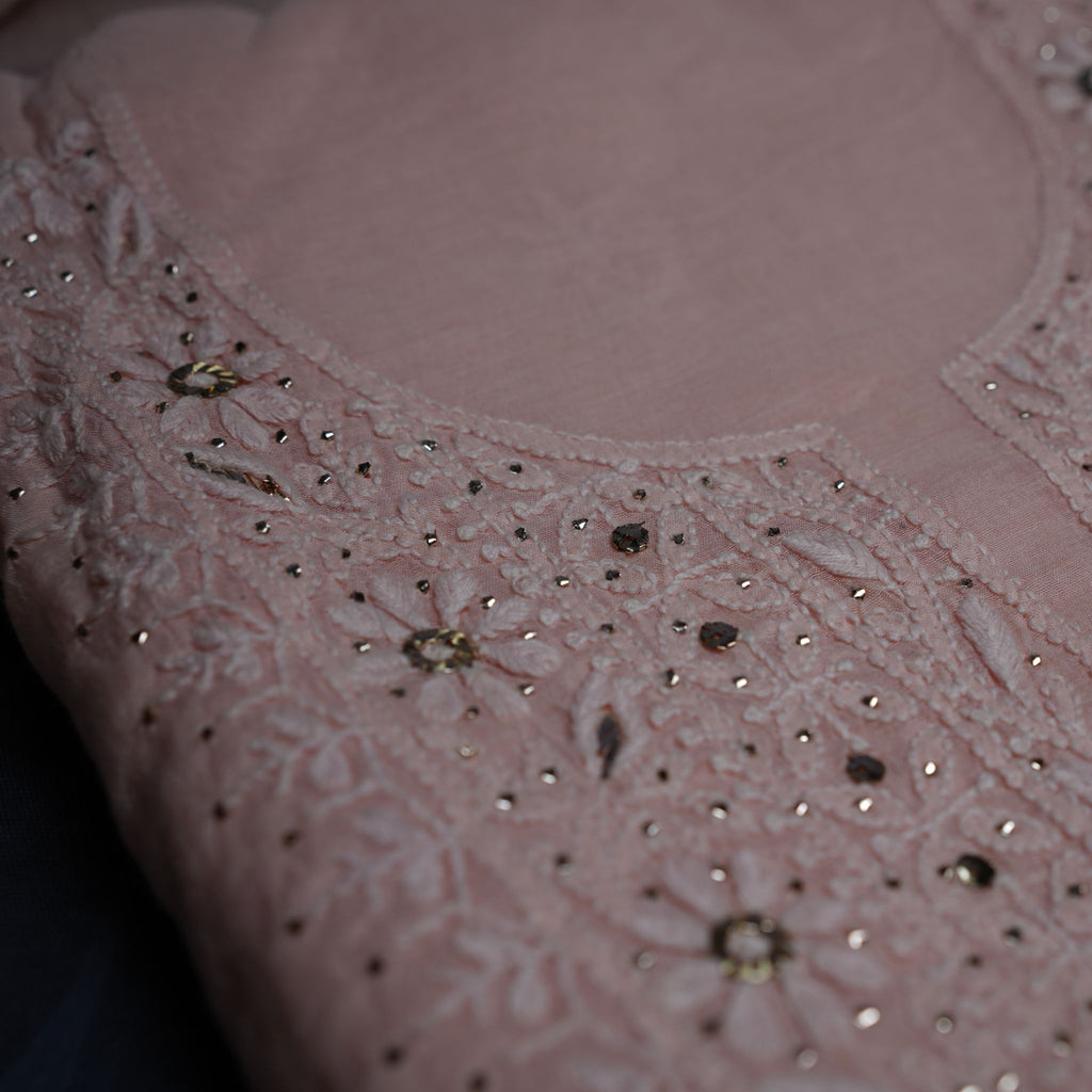 Pastel Peach Lucknowi Chikankari Handwork 3-Piece Suit Set with Mirror & Thread Embroidery