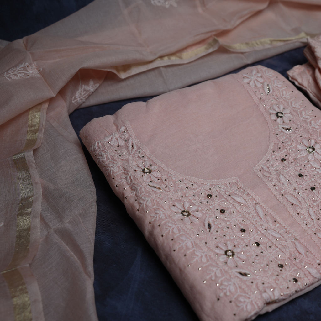 Pastel Peach Lucknowi Chikankari Handwork 3-Piece Suit Set with Mirror & Thread Embroidery