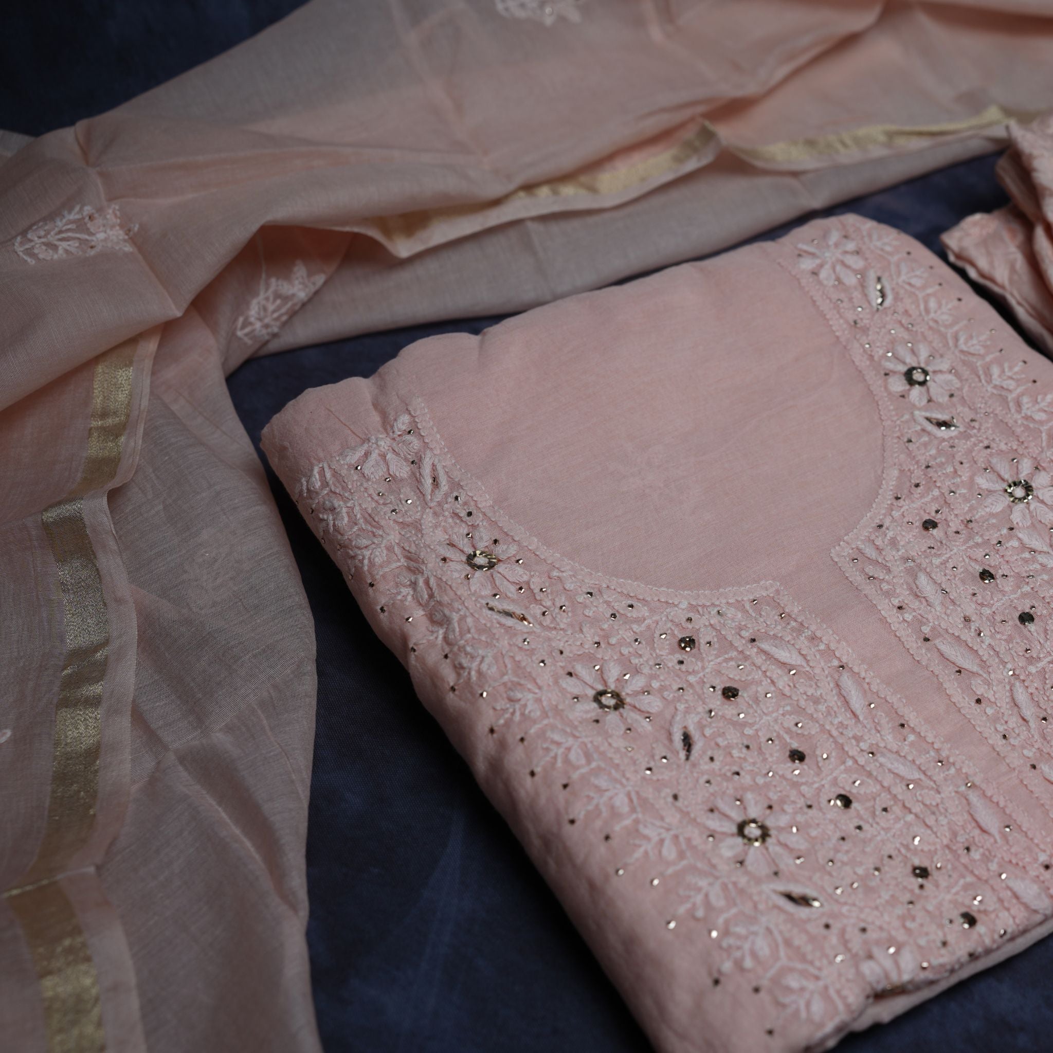 Pastel Peach Lucknowi Chikankari Handwork 3-Piece Suit Set with Mirror & Thread Embroidery